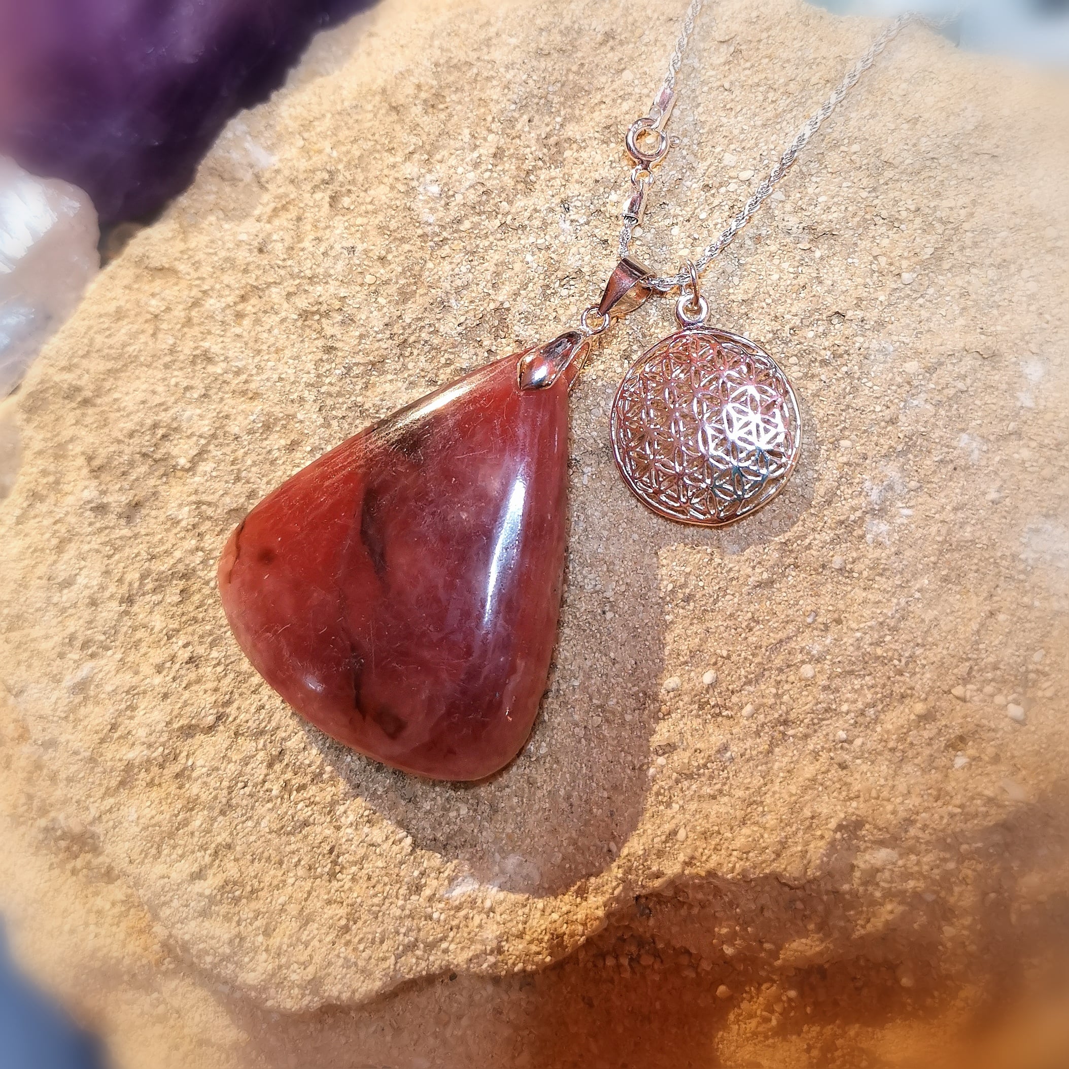 Rhodochrosit XXL Edelstein Heilstein Lebensblume Karma Kette 70 cm Sterlingsilber, geweiht - Herzenswärme