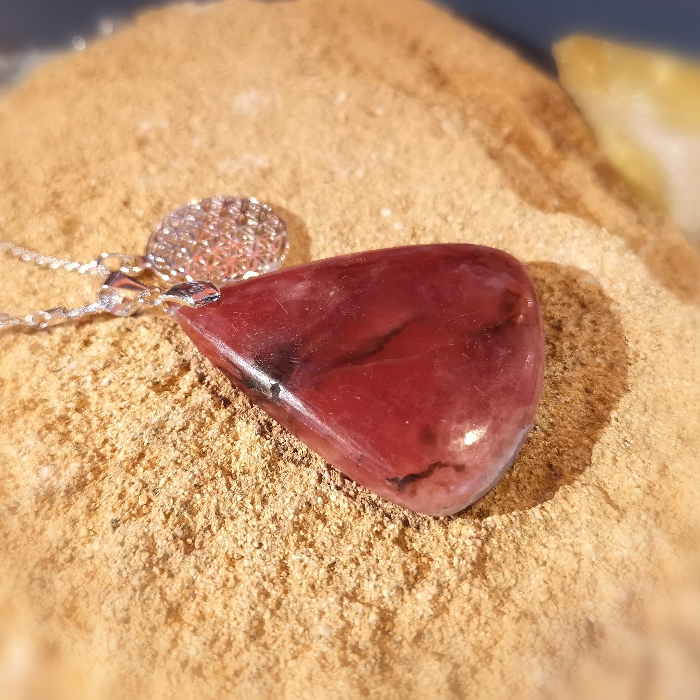 Rhodochrosit XXL Edelstein Heilstein Lebensblume Karma Kette 70 cm Sterlingsilber, geweiht - Herzenswärme