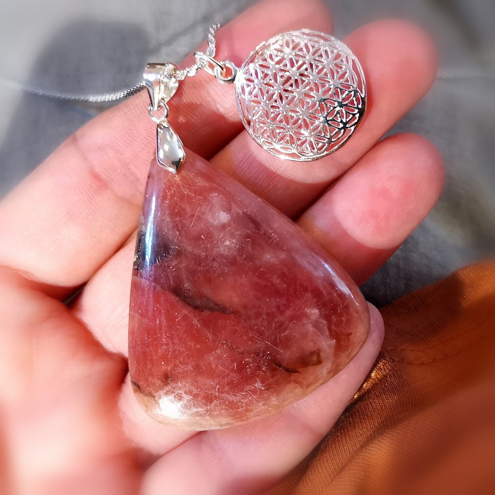 Rhodochrosit XXL Edelstein Heilstein Lebensblume Karma Kette 70 cm Sterlingsilber, geweiht - Herzenswärme