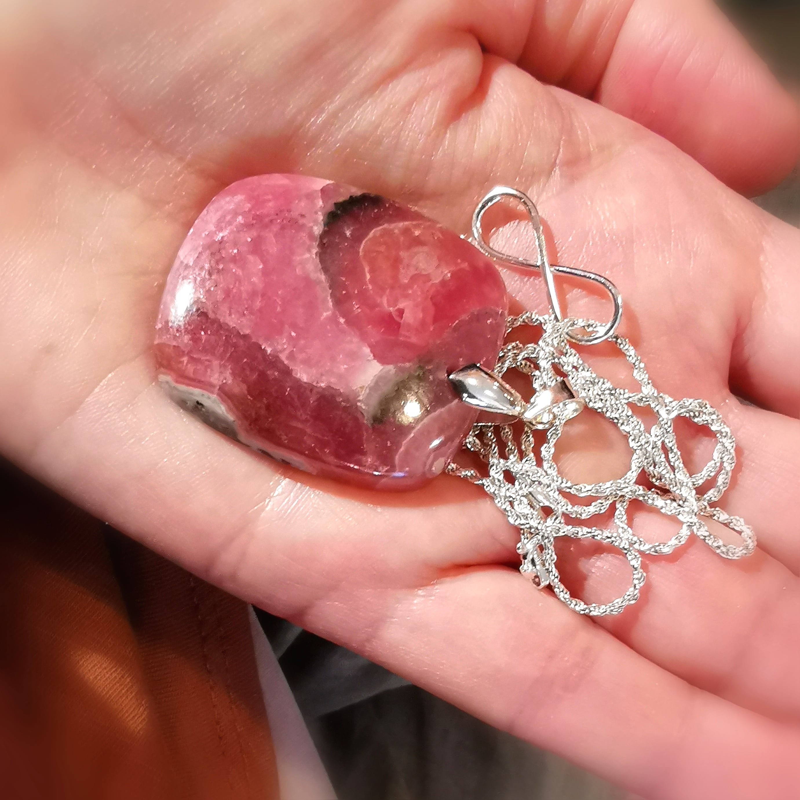 Rhodochrosit XXL Edelstein Heilstein Infinity Unendlich Karma Kette 70 cm Sterlingsilber, geweiht - Hoffnung
