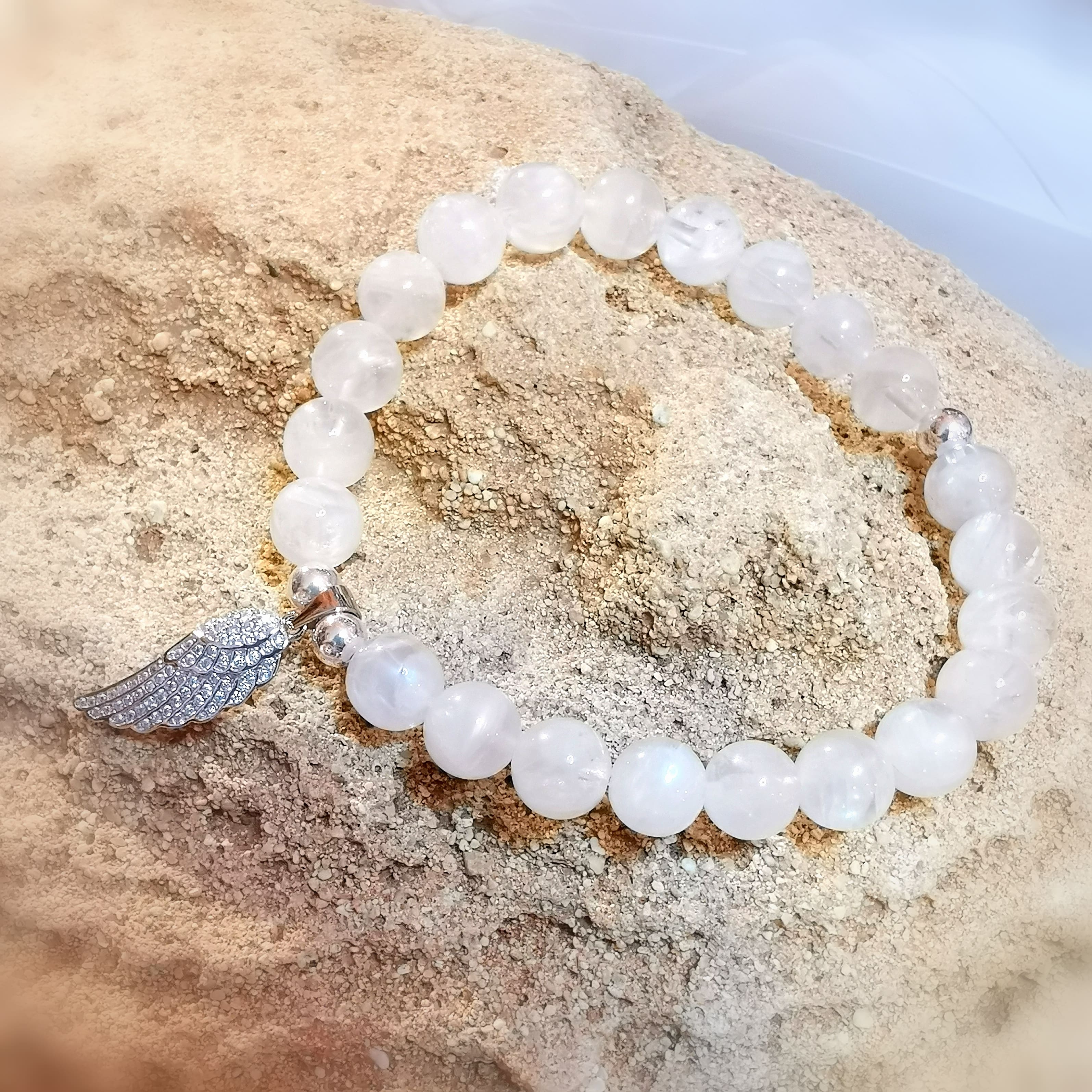Regenbogen Mondstein Edelstein Heilstein Karma Armband mit Engelsflügel, geweiht - Kraft der Liebe