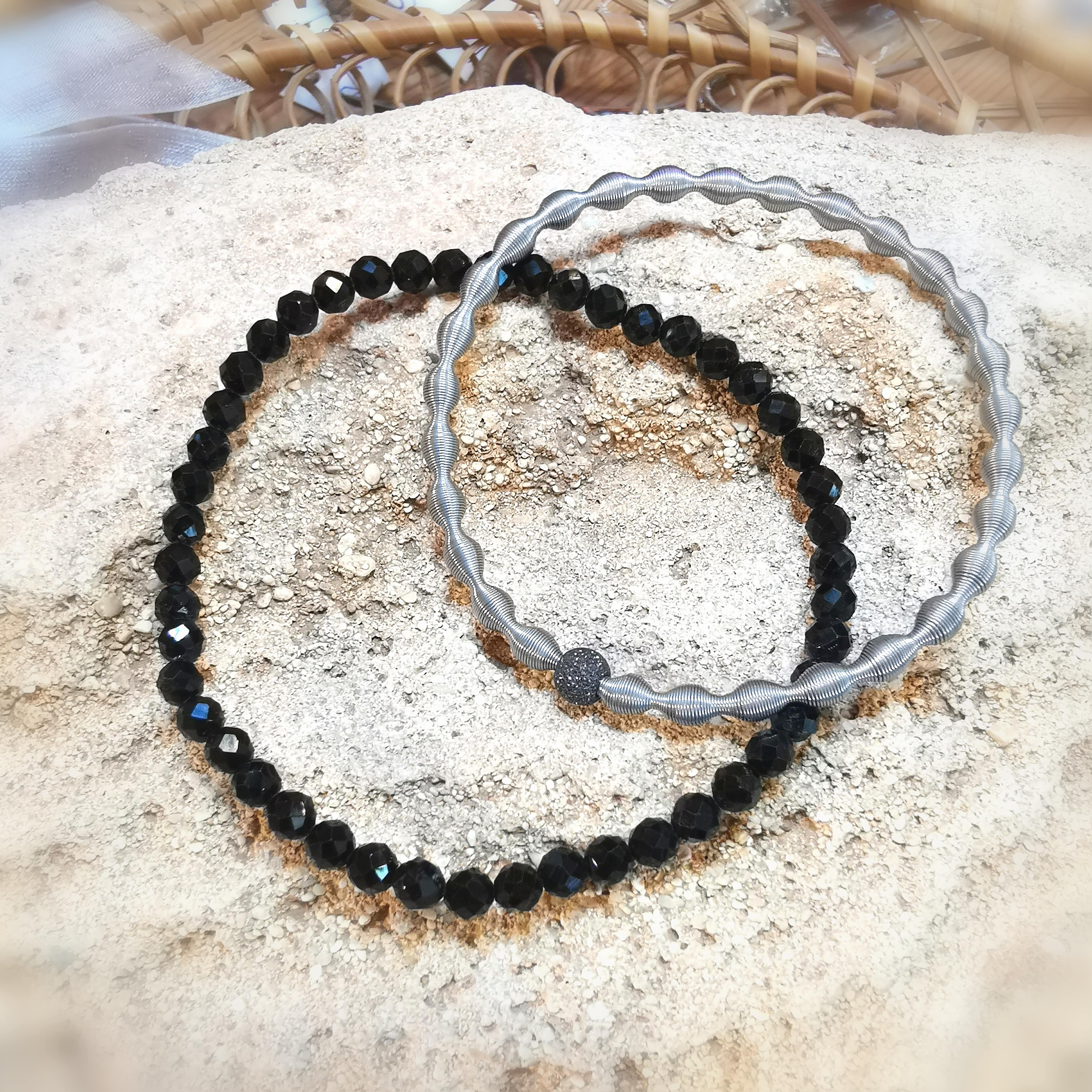 Turmalin Edelstein Heilstein Edelstahl Karma Armband Set schwarz, Schutz