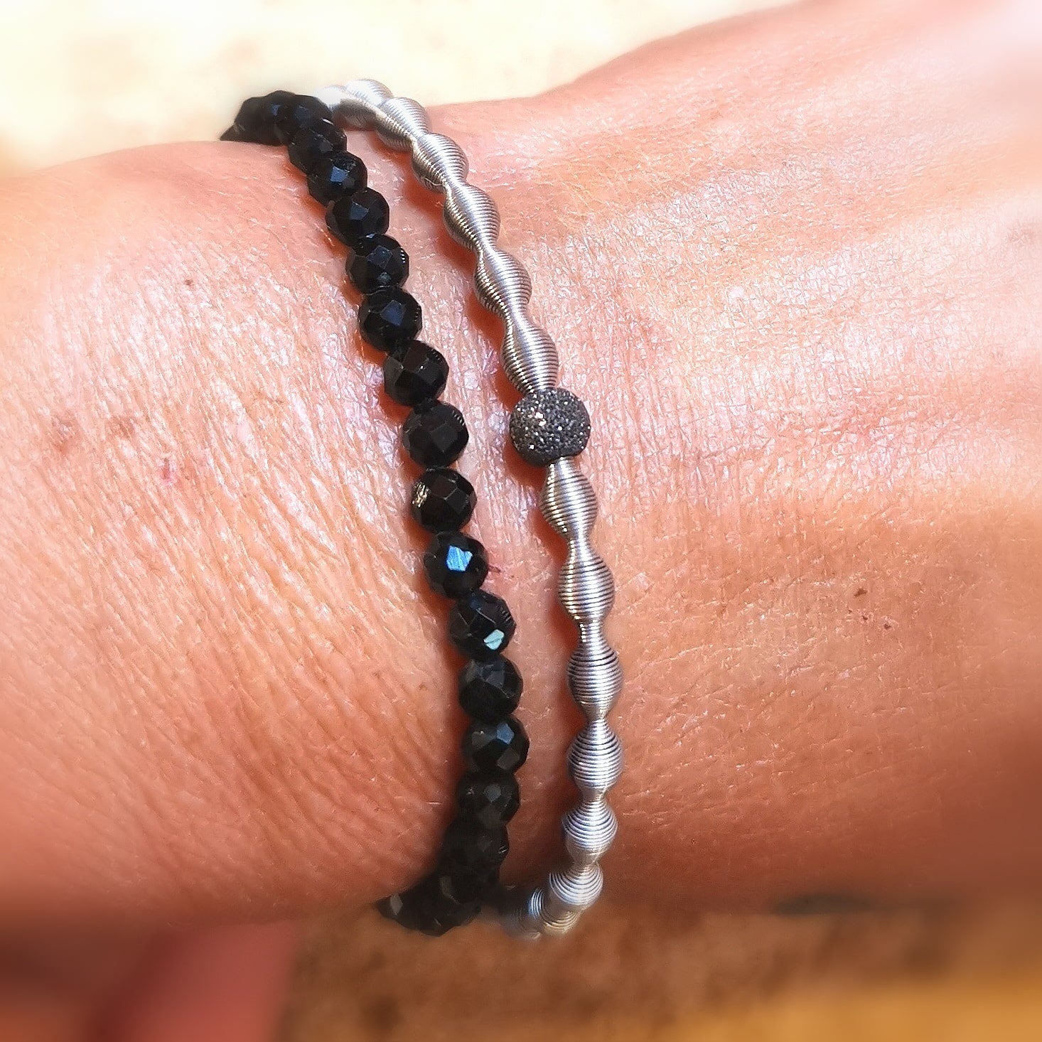 Turmalin Edelstein Heilstein Edelstahl Karma Armband Set schwarz, Schutz