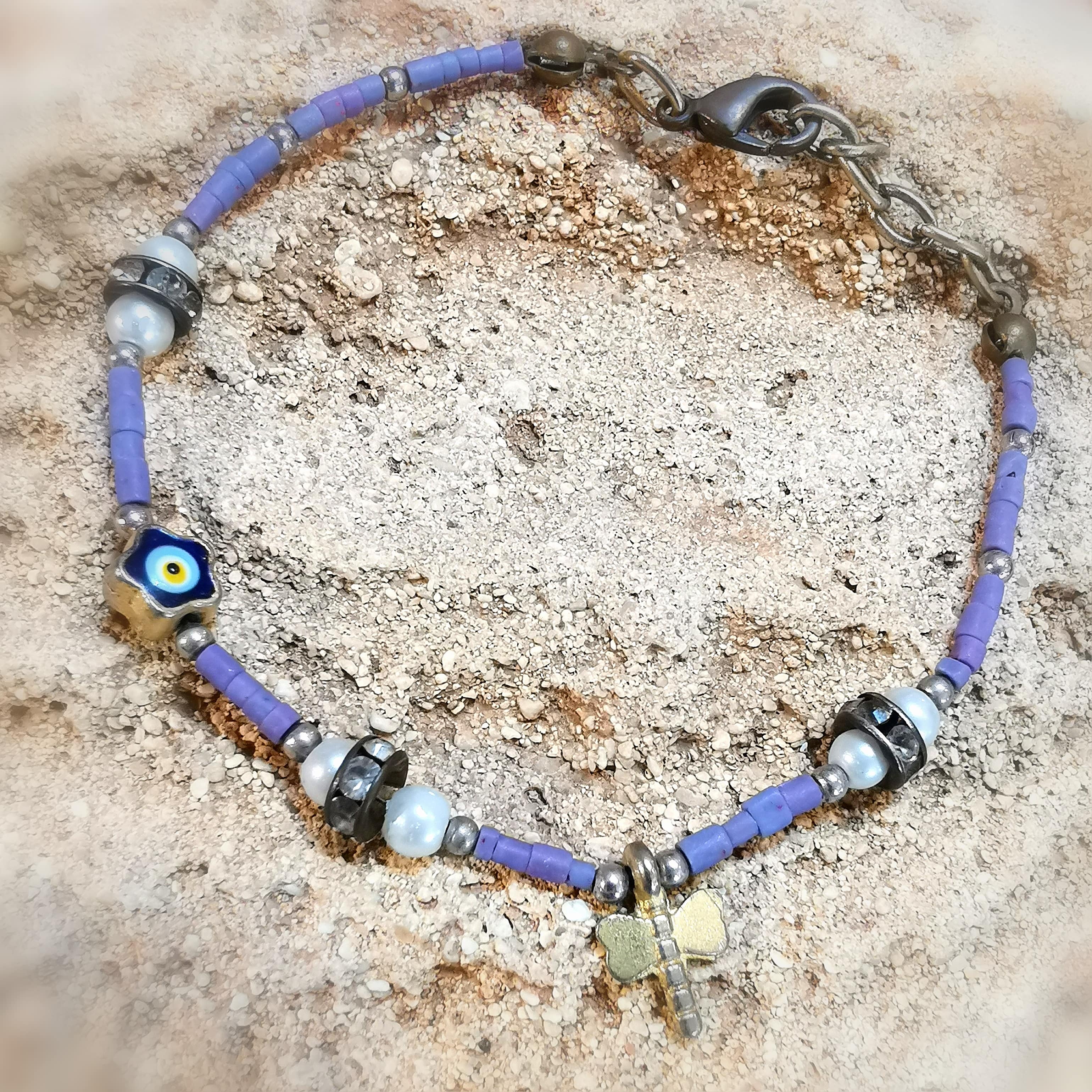 Libelle türkisches Auge Glücksarmband Hippie Schmuck lila blau mit Perle, Koralle, Emaille