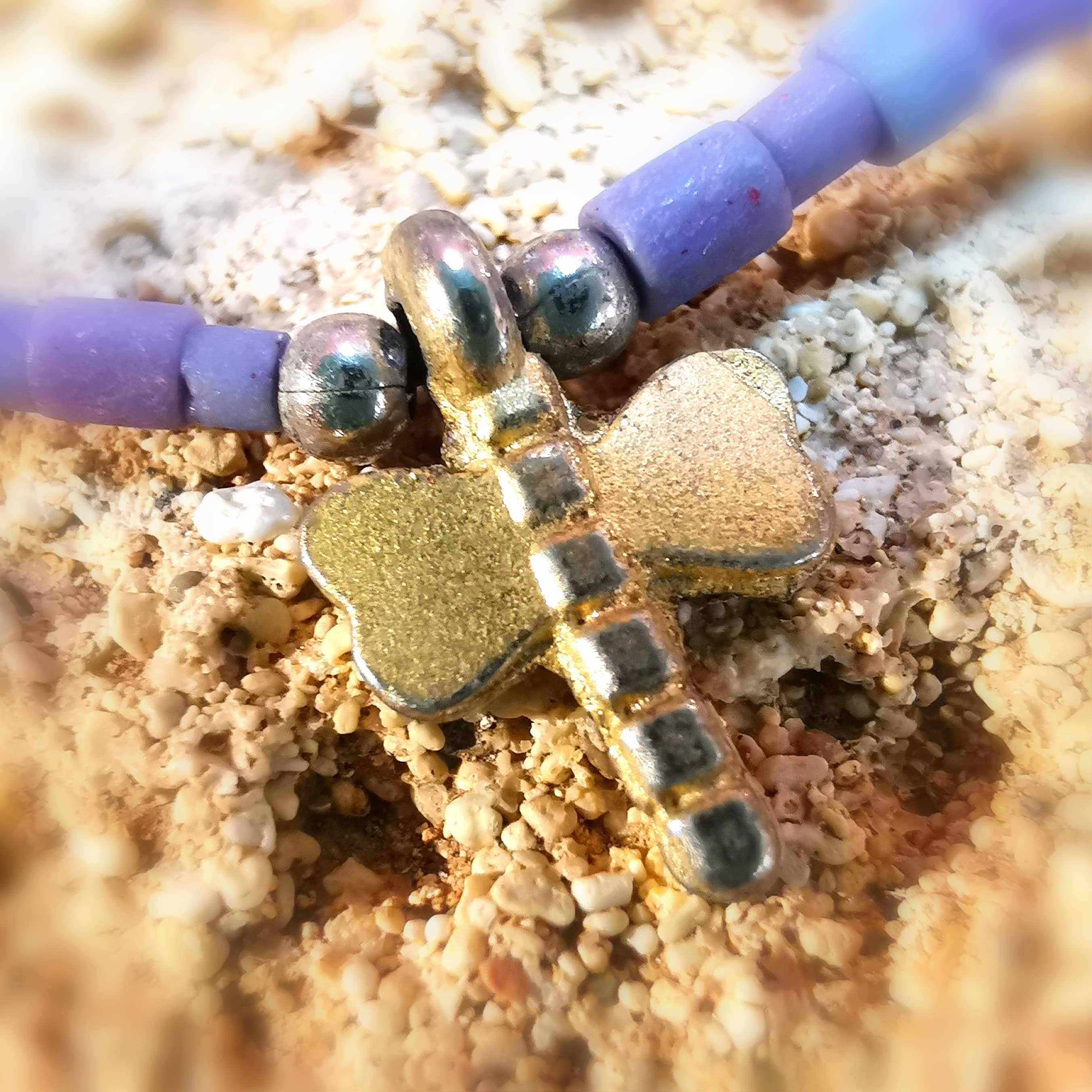Libelle türkisches Auge Glücksarmband Hippie Schmuck lila blau mit Perle, Koralle, Emaille