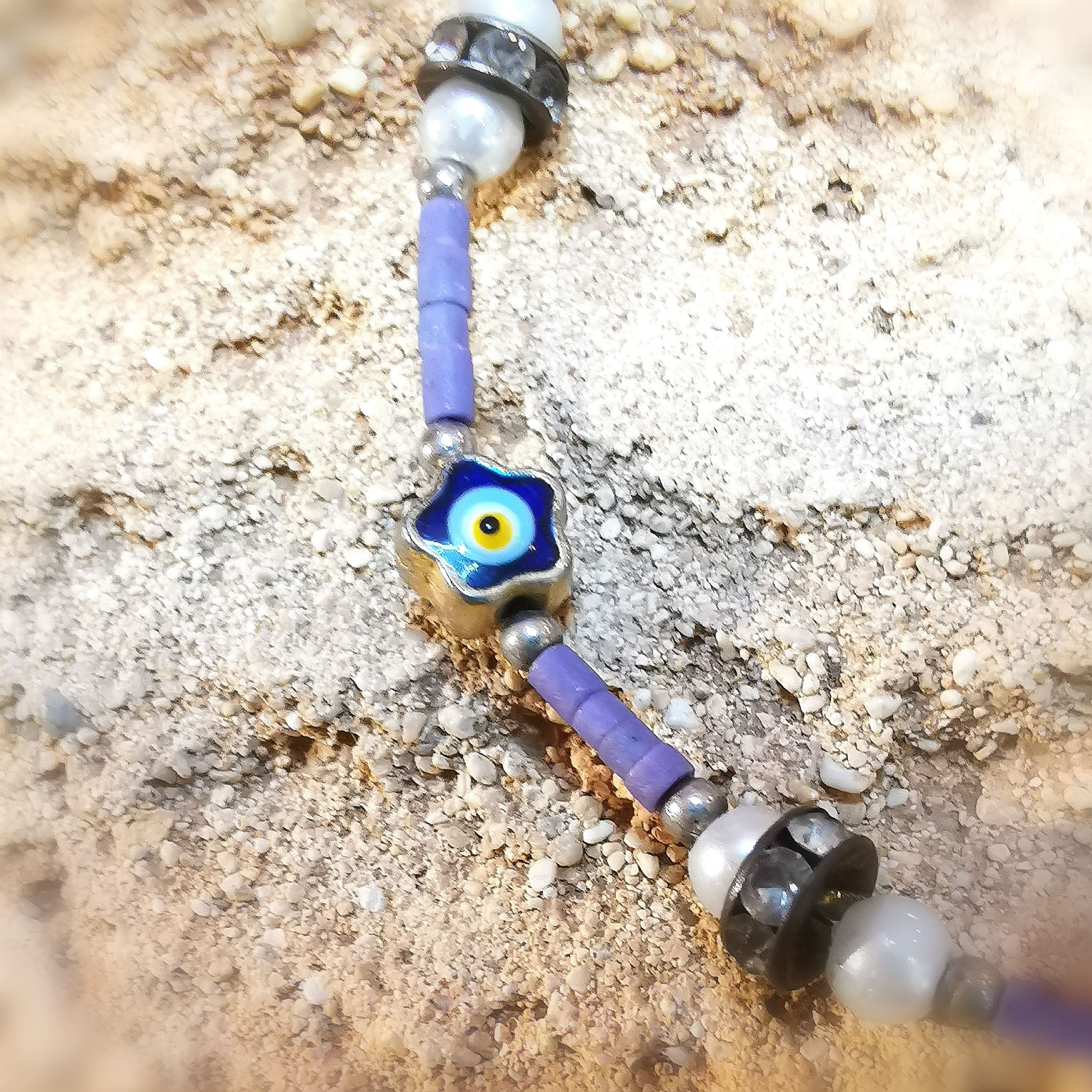Libelle türkisches Auge Glücksarmband Hippie Schmuck lila blau mit Perle, Koralle, Emaille