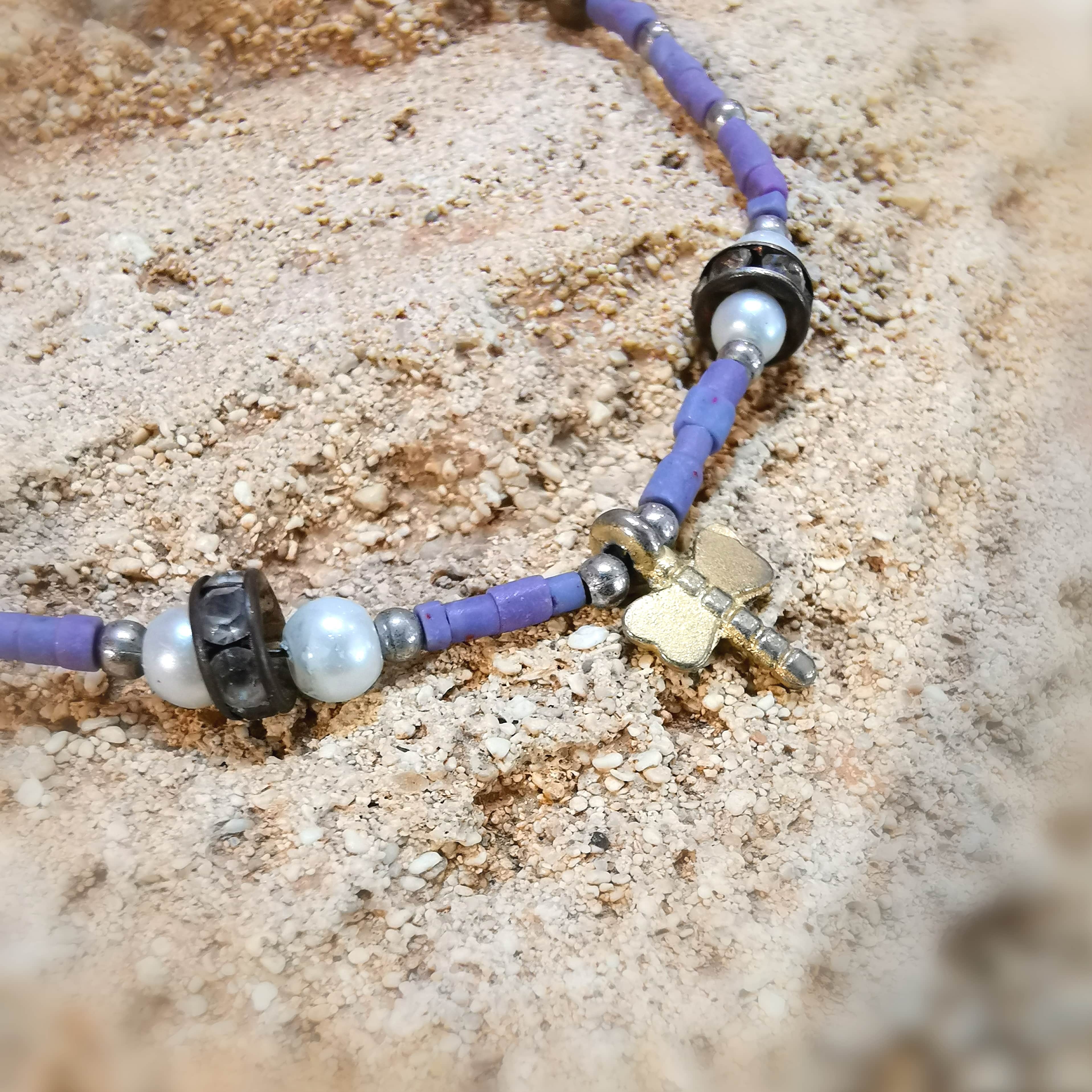 Libelle türkisches Auge Glücksarmband Hippie Schmuck lila blau mit Perle, Koralle, Emaille