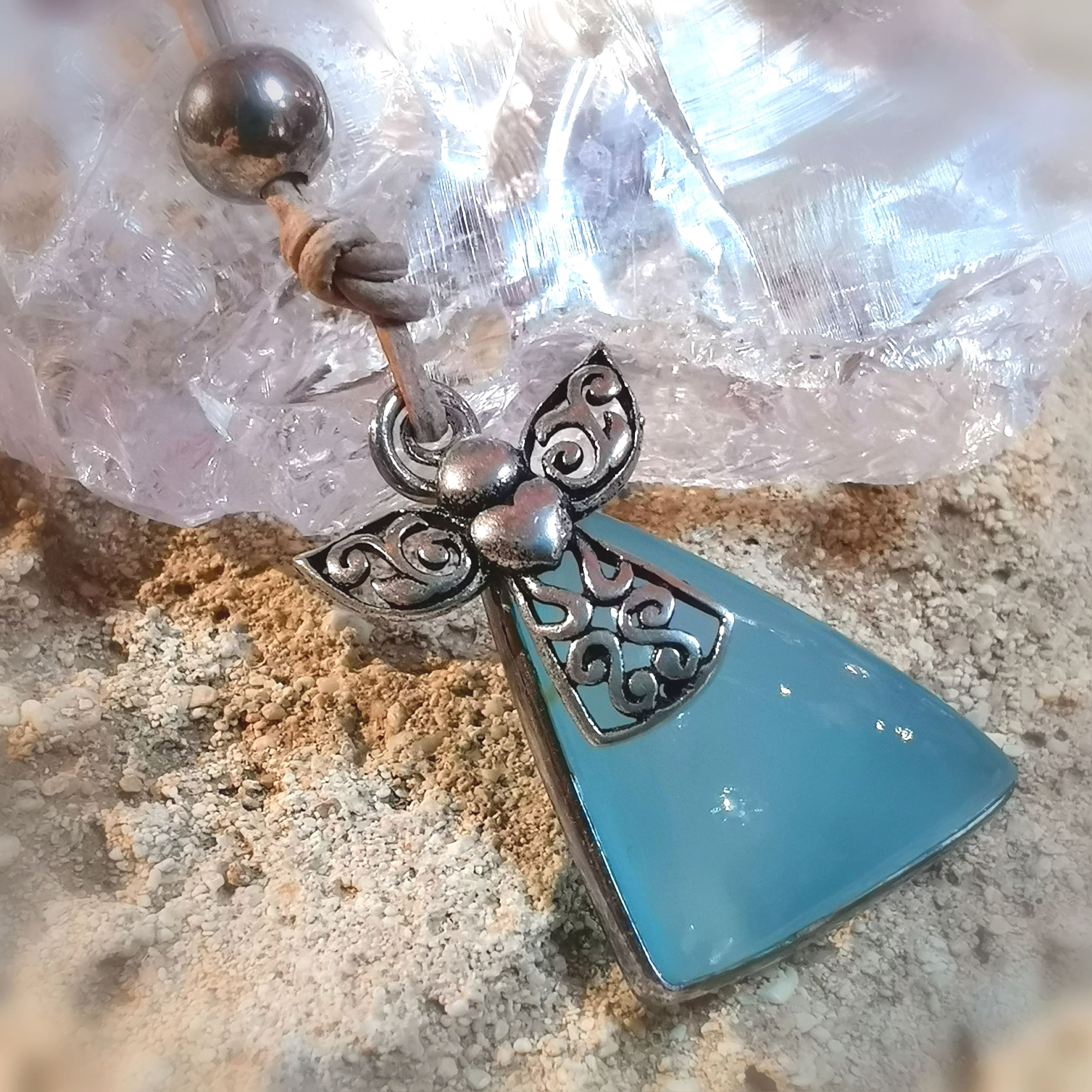 Schutzengel Achat Edelstein Heilstein Karma Kette an Leder, wasserblau - Leichtigkeit