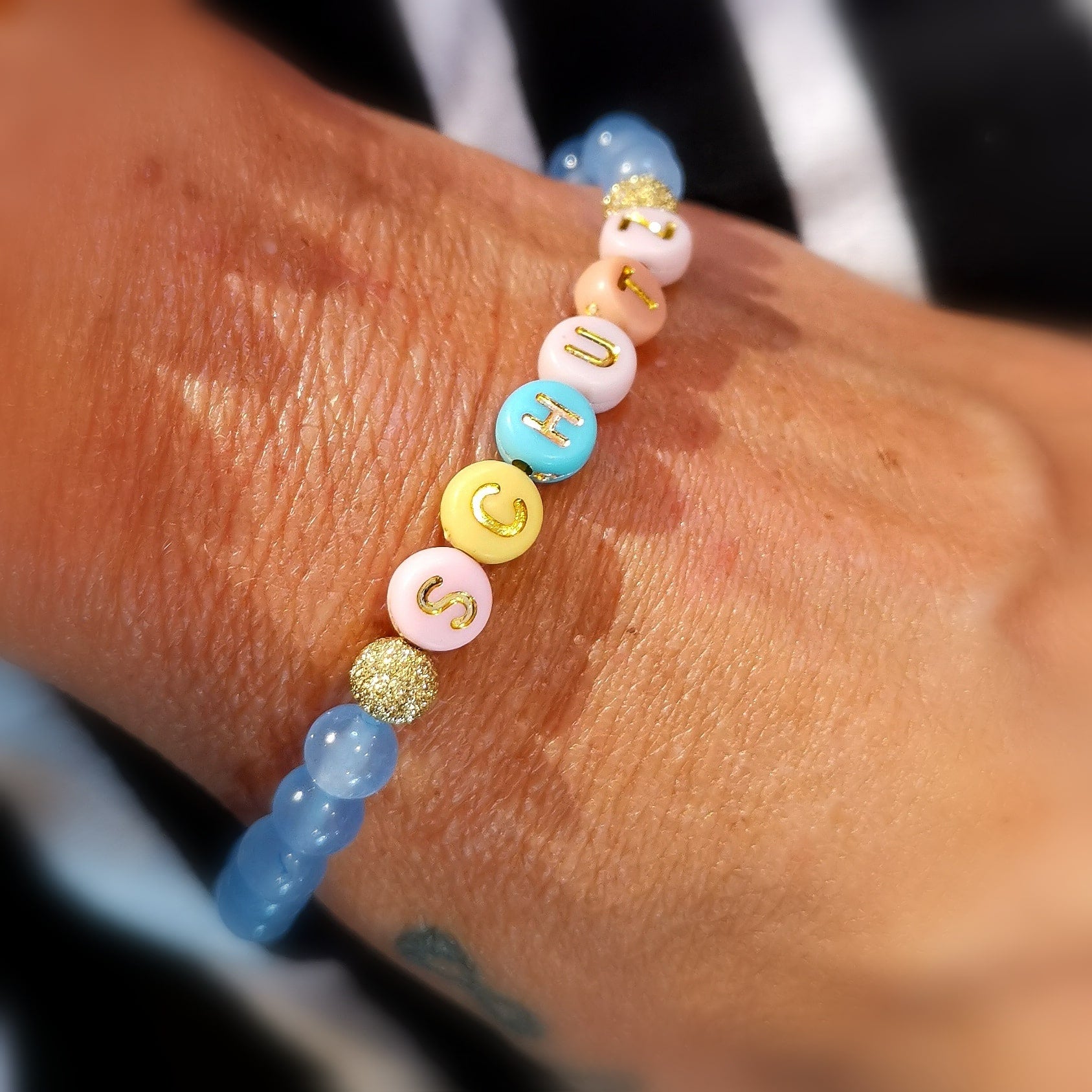 stille Worte blaue Jade Edelstein Heilstein Karma Armband, geweiht - Schutz