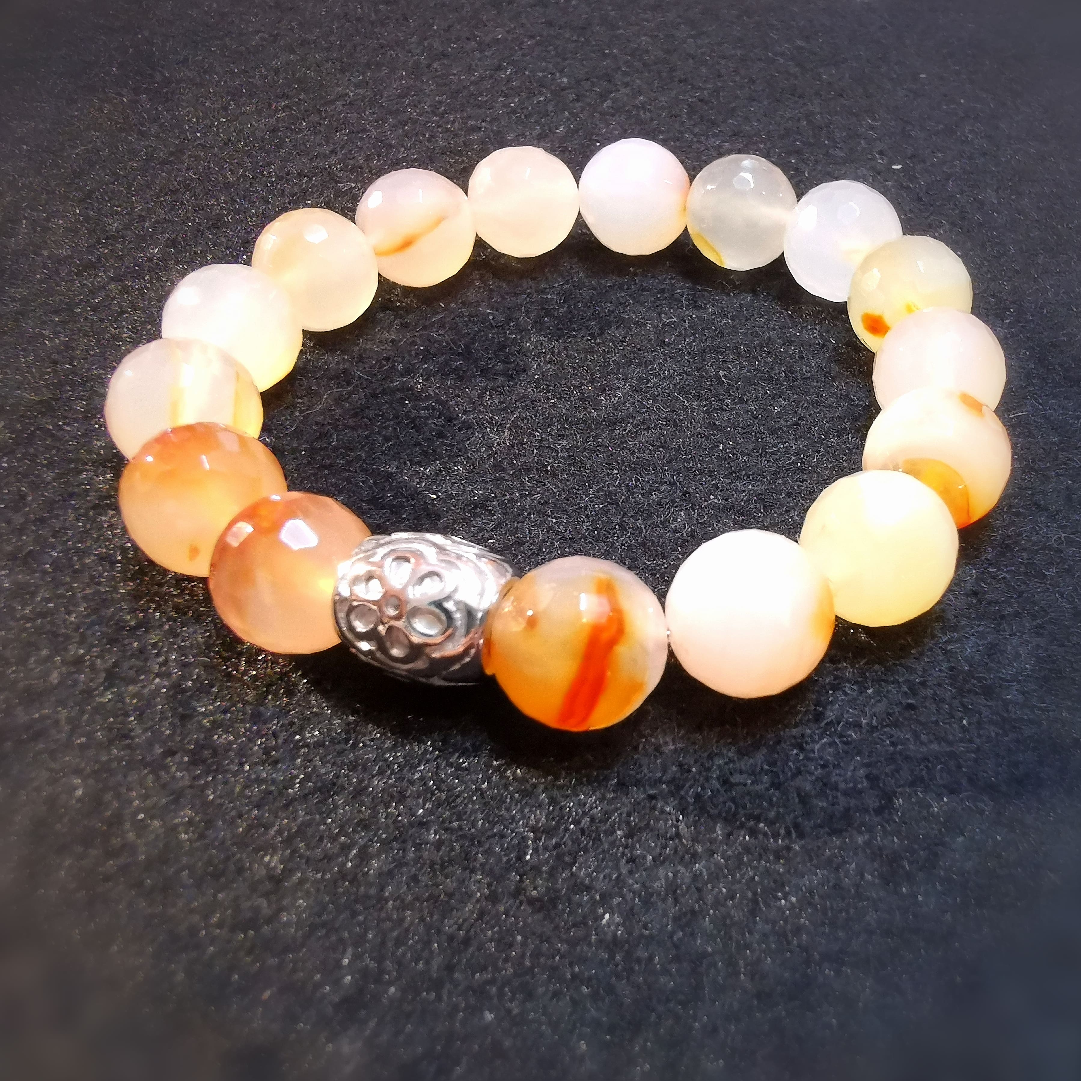 Lebensblume Glücks Edelstein Karma Armband, Friedensachat und Karneol weiss - orange, Lebensfreude und freies Sein