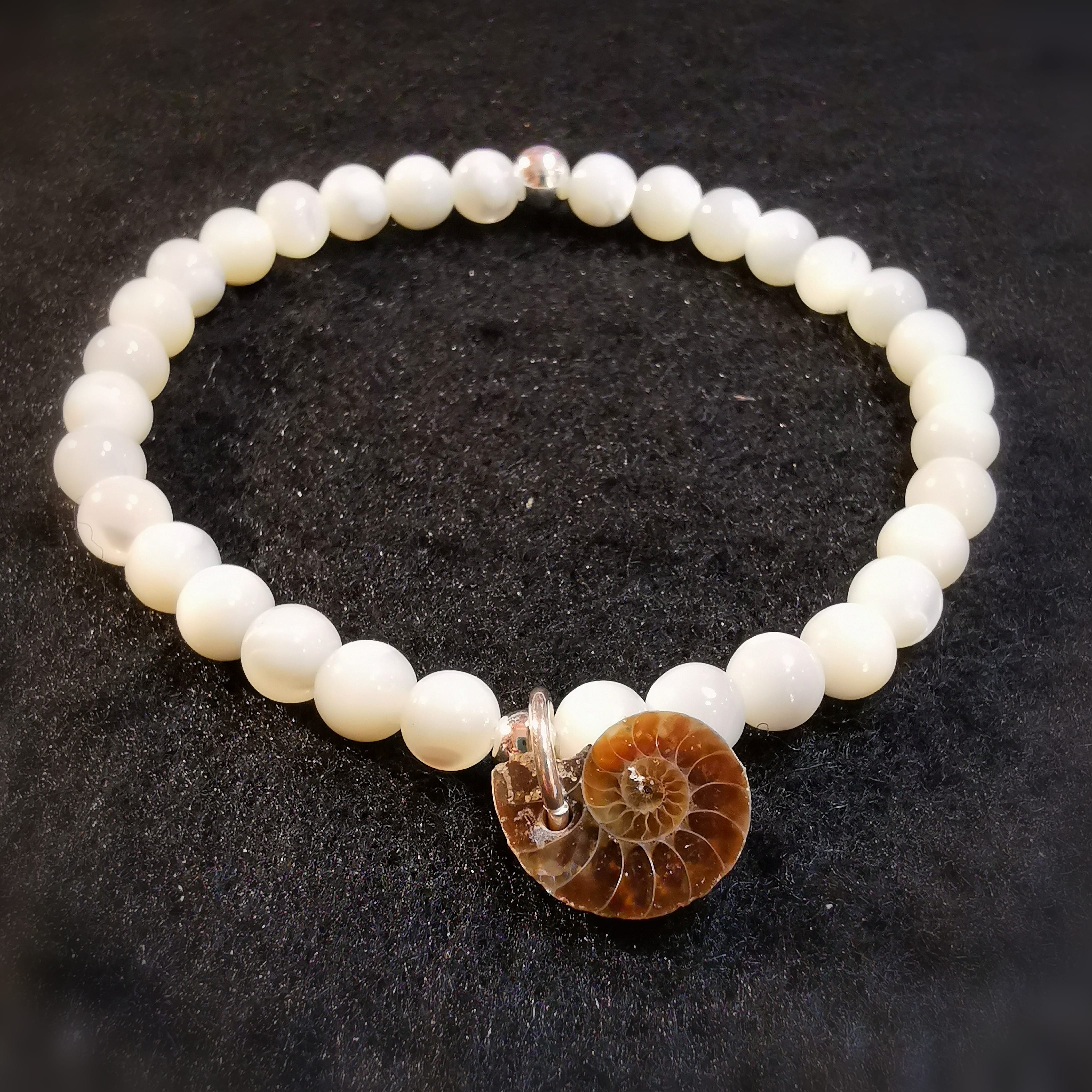 Mother of Pearl & Ammonite Karma Bracelet – consecrated for gentleness, self-expression & spiritual renewal