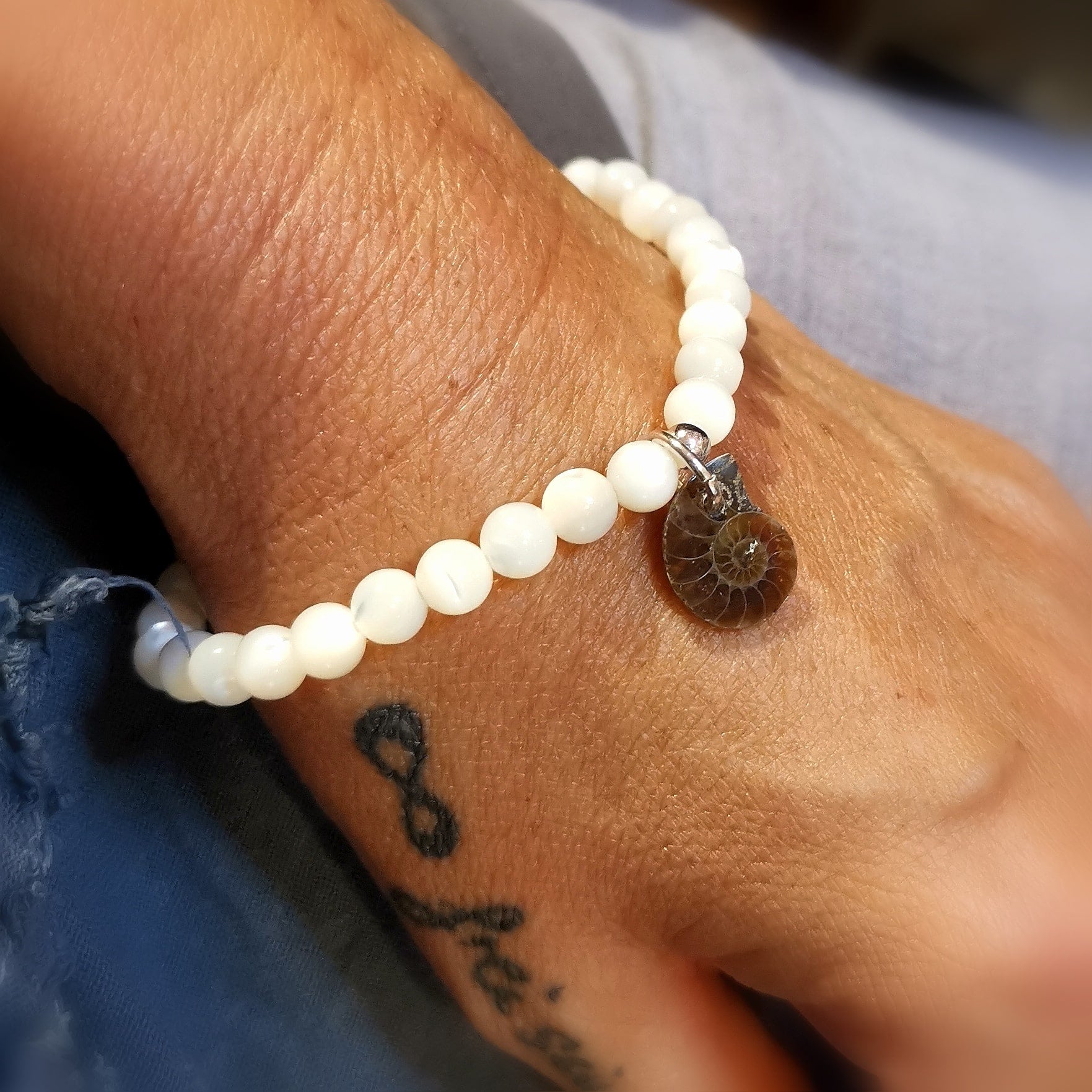 Mother of Pearl & Ammonite Karma Bracelet – consecrated for gentleness, self-expression & spiritual renewal