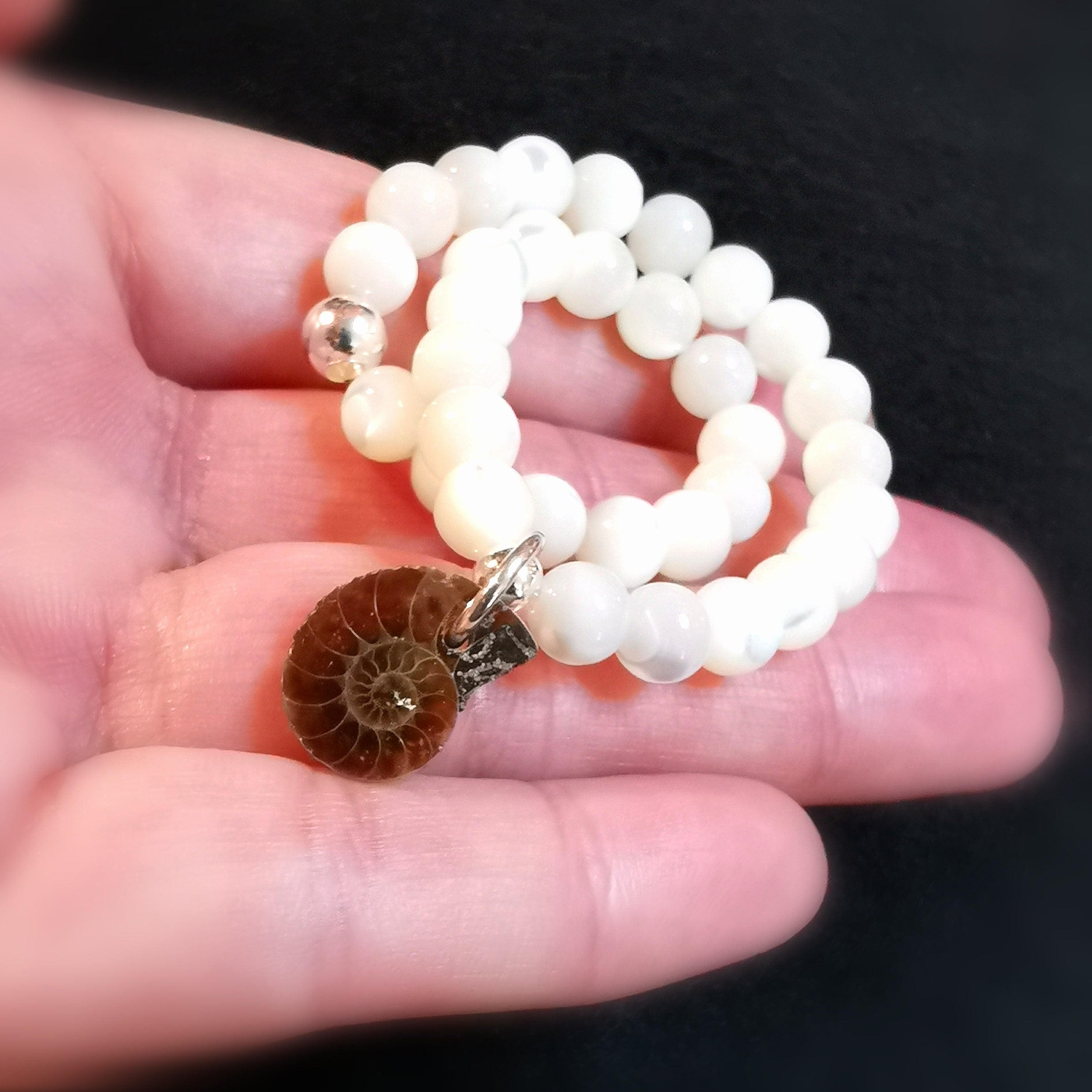 Mother of Pearl & Ammonite Karma Bracelet – consecrated for gentleness, self-expression & spiritual renewal