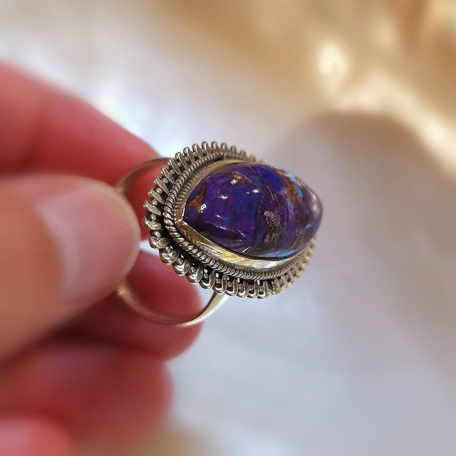 edler lila Türkis Pyrit Edelstein Heilstein Sterlingsilber Karma Ring - Größe verstellbar - FreiSein