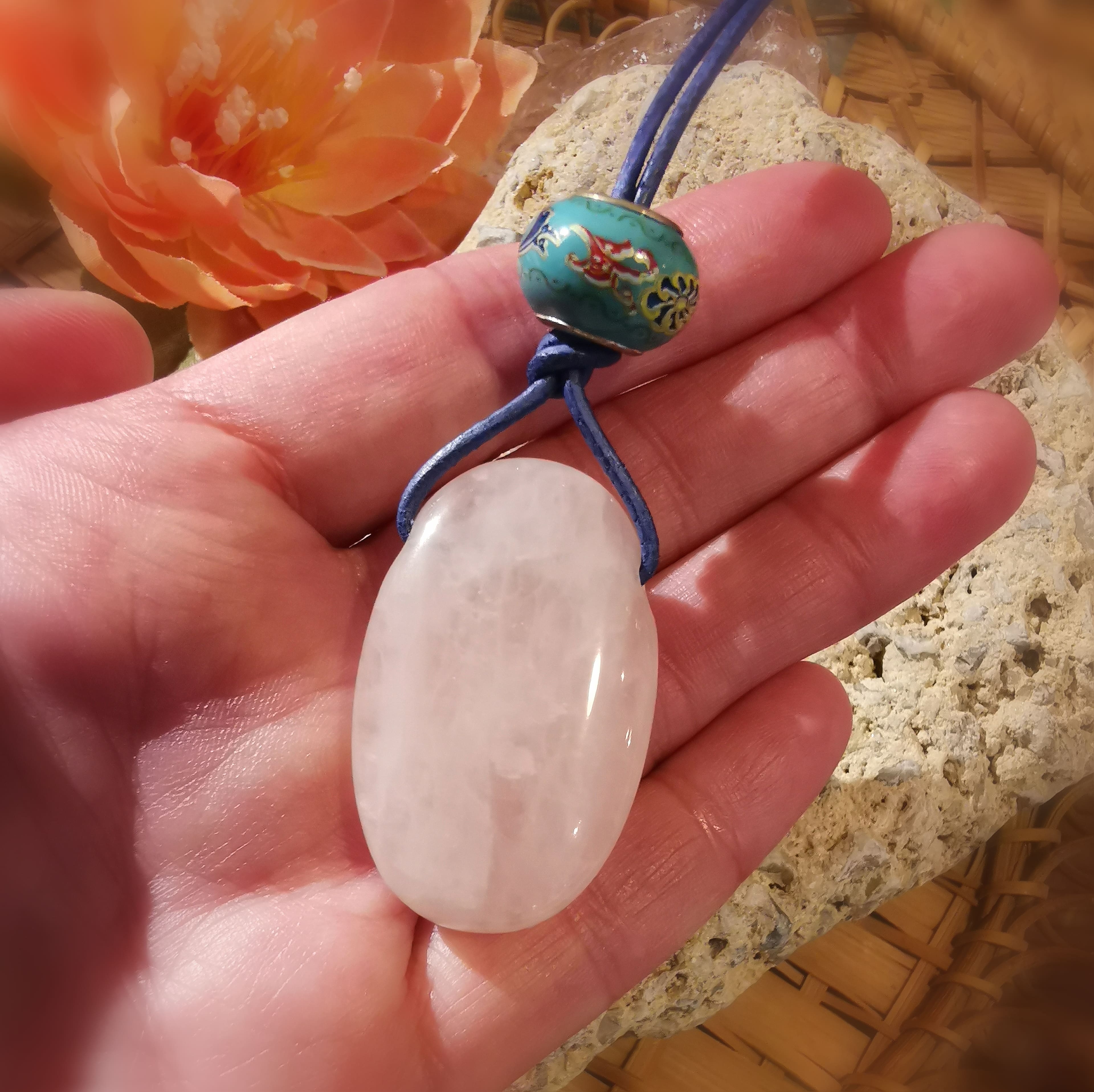 Rosenquarz Edelstein Heilstein Karma Kette Leder mit Keramik Perle, Rosa Blau Türkis - Zufriedenheit