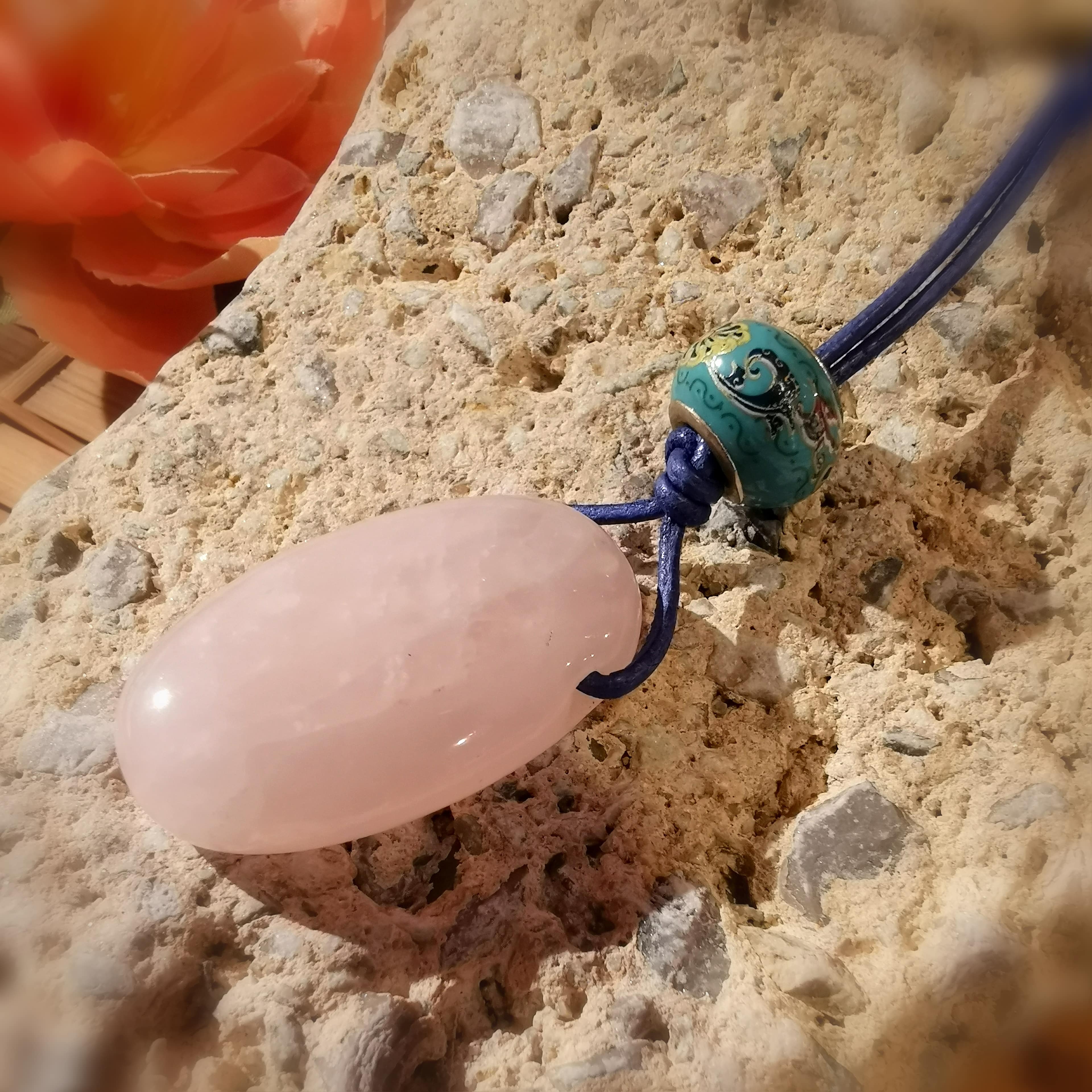 Rosenquarz Edelstein Heilstein Karma Kette Leder mit Keramik Perle, Rosa Blau Türkis - Zufriedenheit
