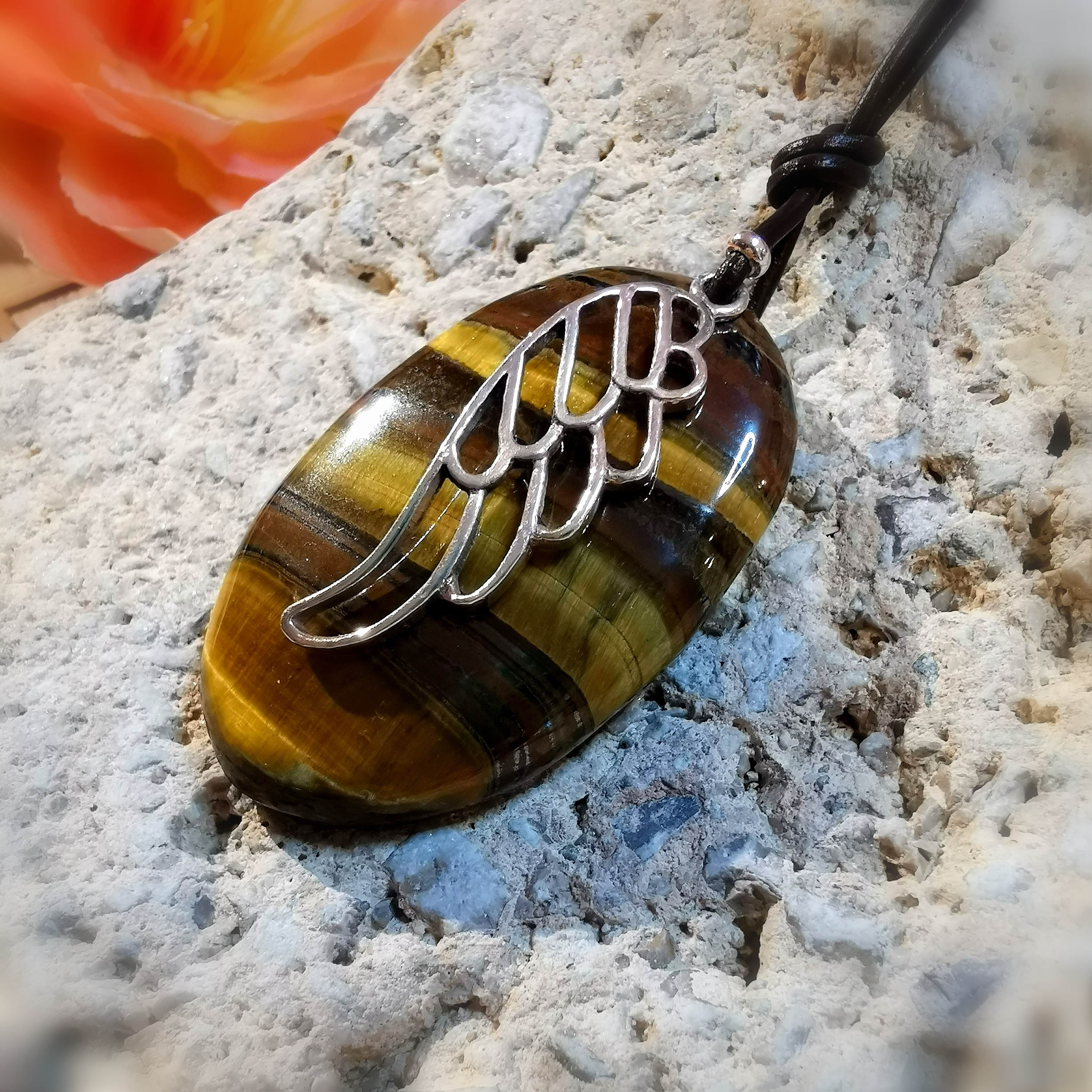 Tigerauge ovale Platte, mit Engelsflügel, Edelstein Sterlingsilber Design Karma Kette - im Schutz