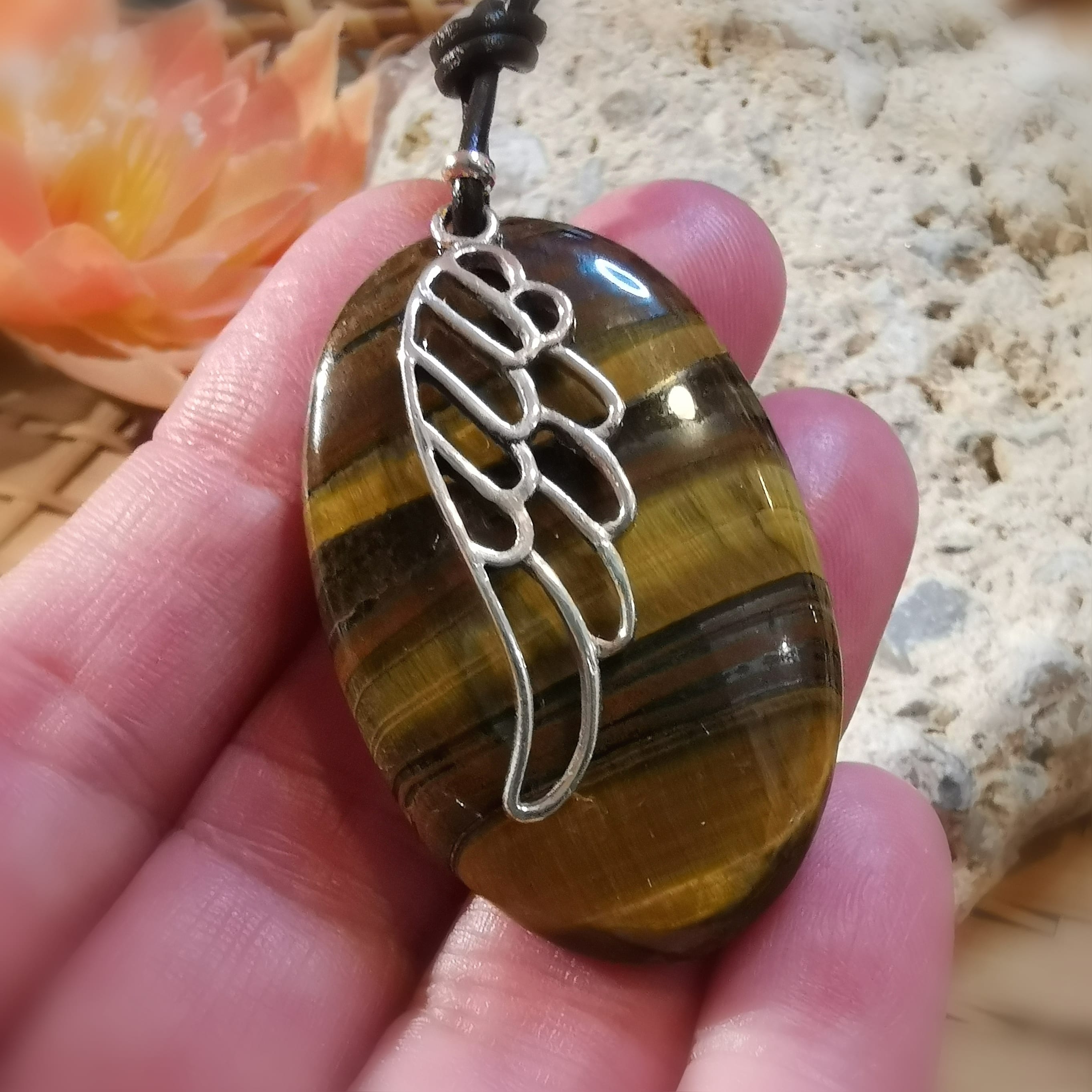 Tigerauge ovale Platte, mit Engelsflügel, Edelstein Sterlingsilber Design Karma Kette - im Schutz