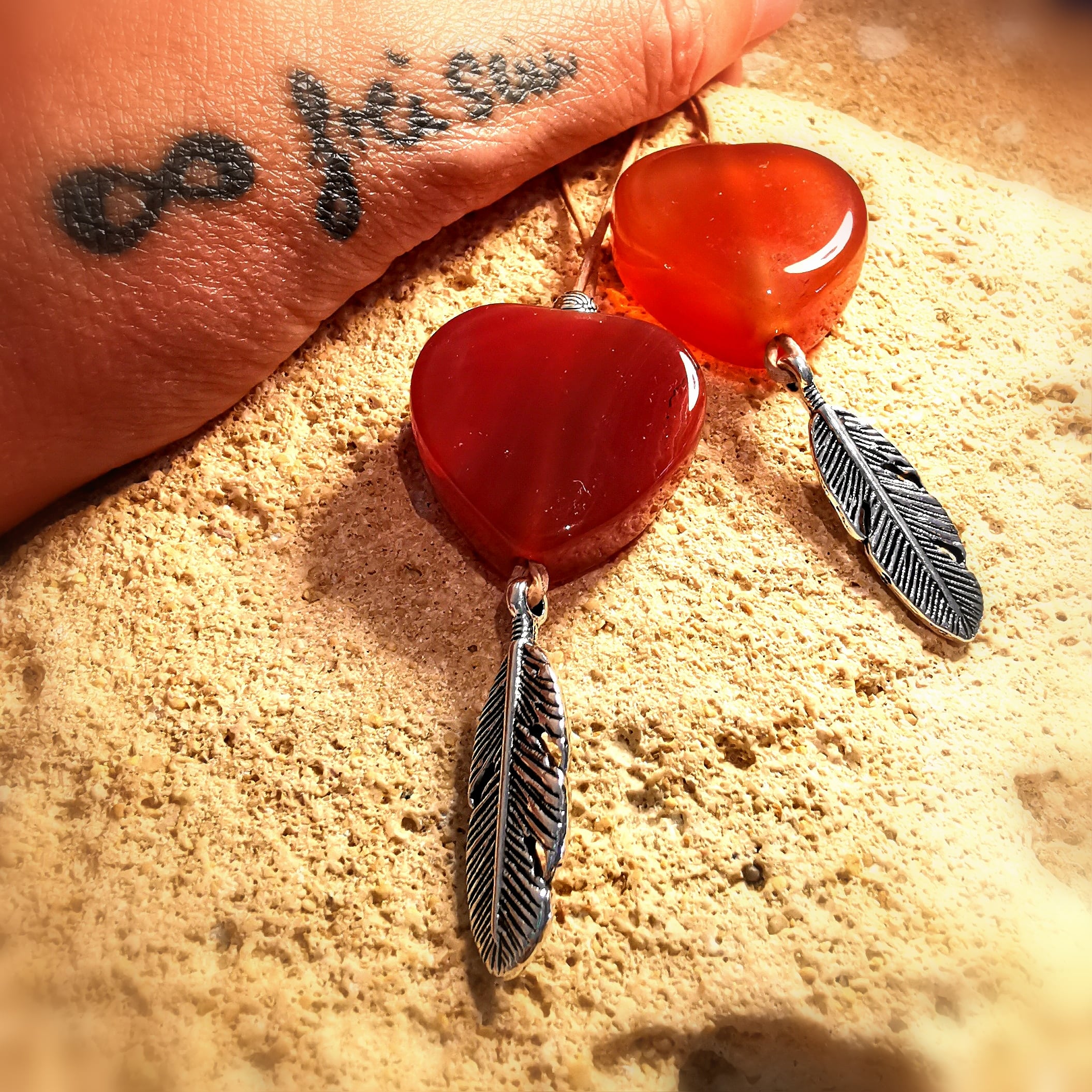 Karneol Herz Glücksachat Edelstein Heilstein Engel Feder Karma Kette, edler Hippie Chakra Schmuck, Liebe und Freude, samaki