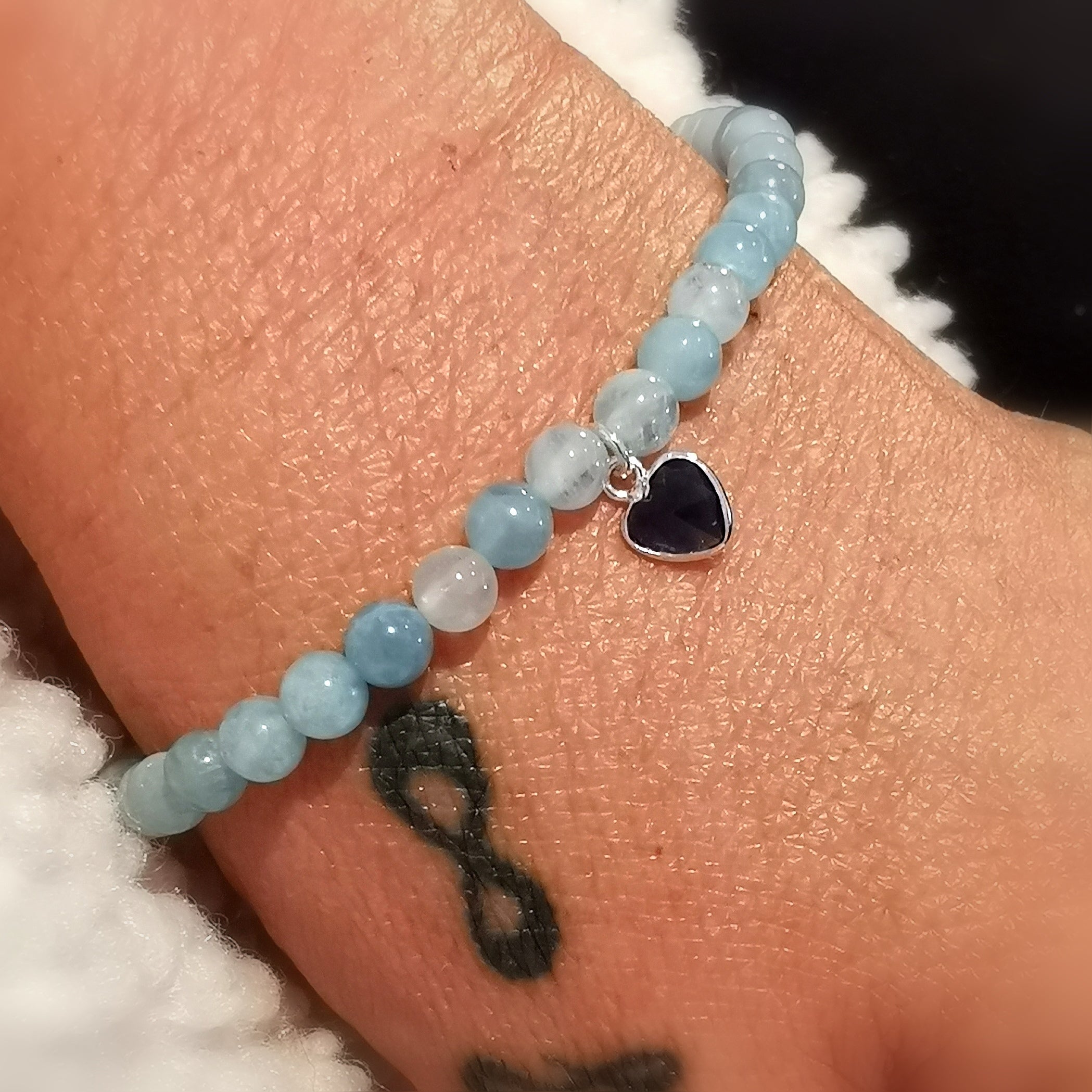Aquamarin Edelstein Zirkon Sterlingsilber Herz Karma Chakra Armband, leben lieben lachen, samaki originals