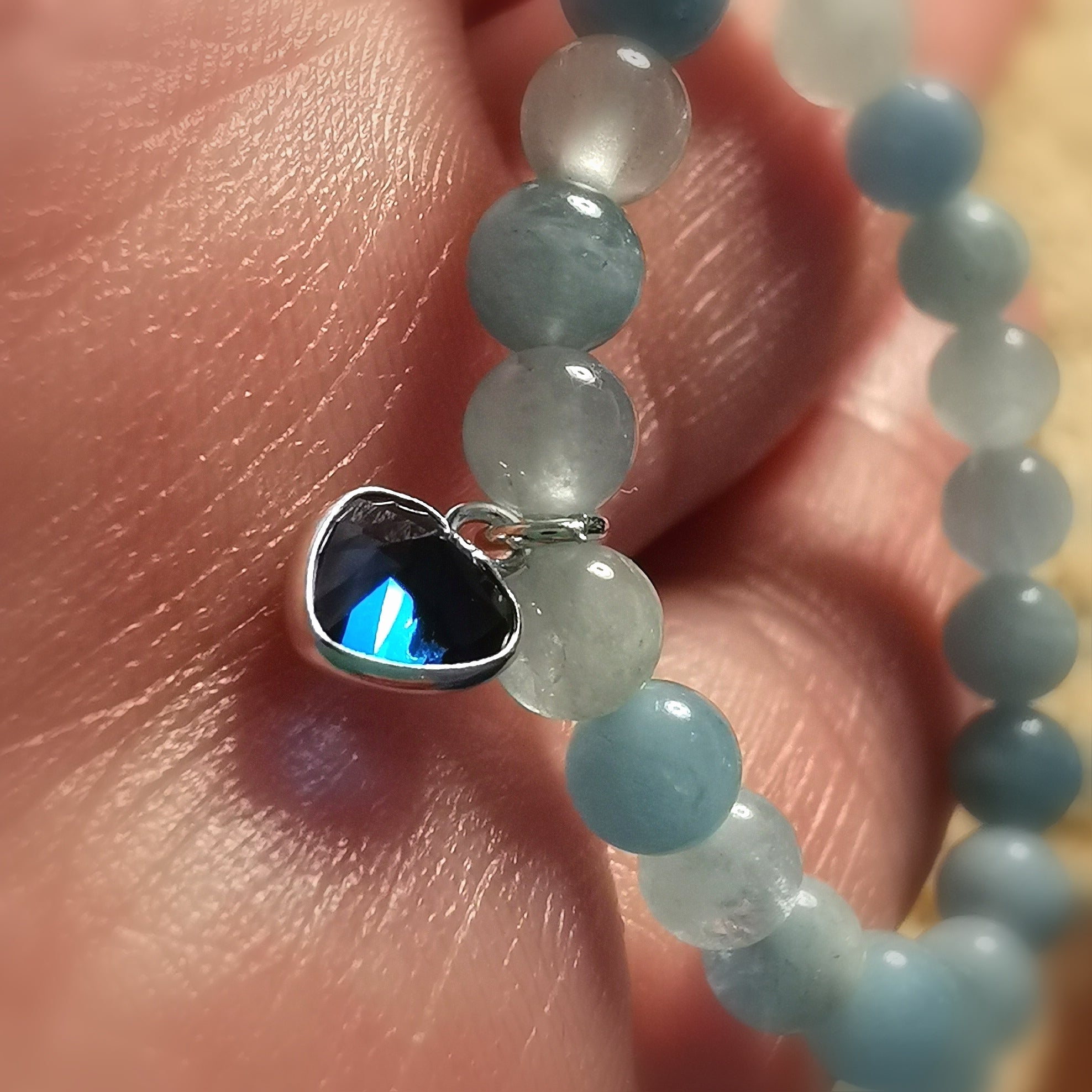 Aquamarin Edelstein Zirkon Sterlingsilber Herz Karma Chakra Armband, leben lieben lachen, samaki originals