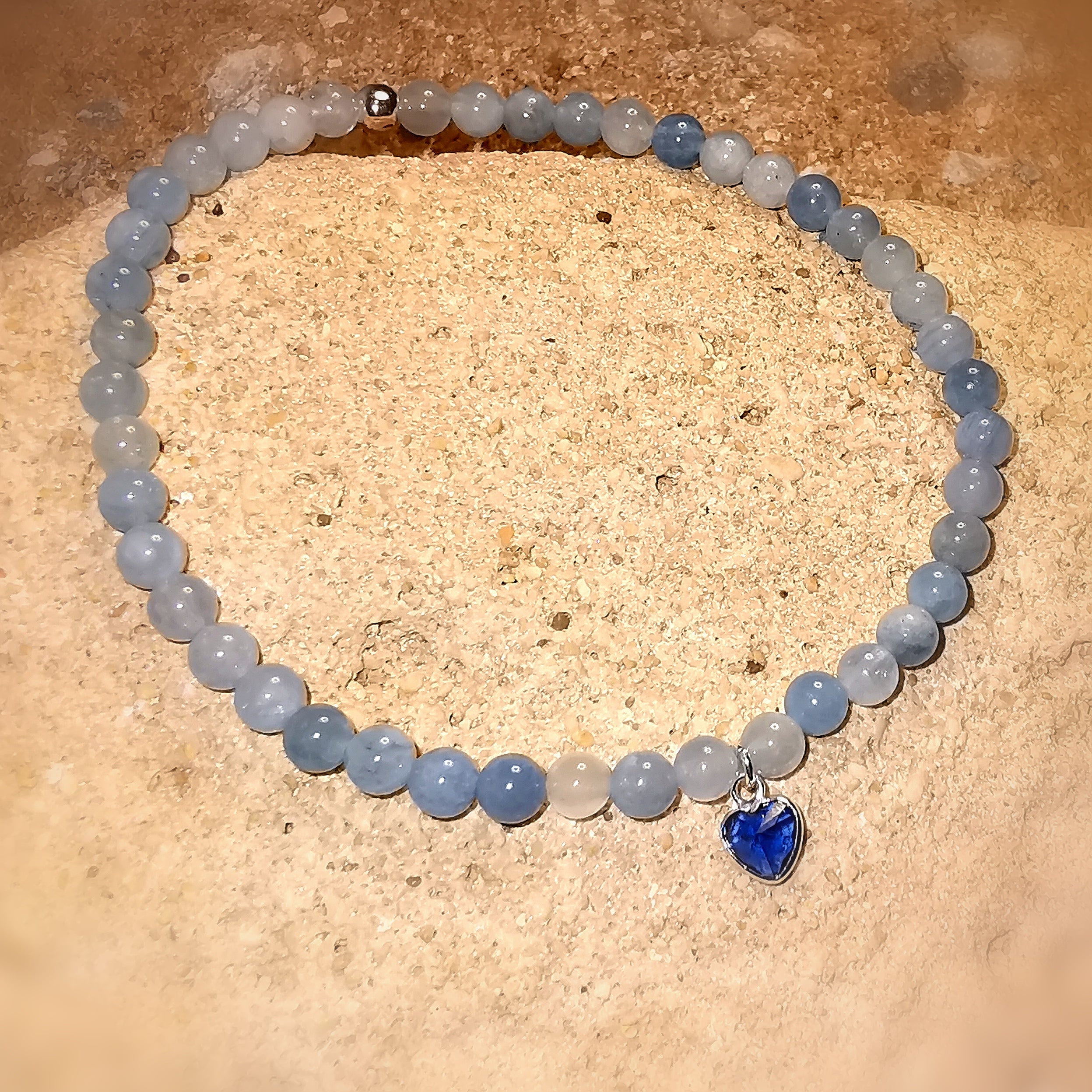 Aquamarin Edelstein Zirkon Sterlingsilber Herz Karma Chakra Armband, leben lieben lachen, samaki originals