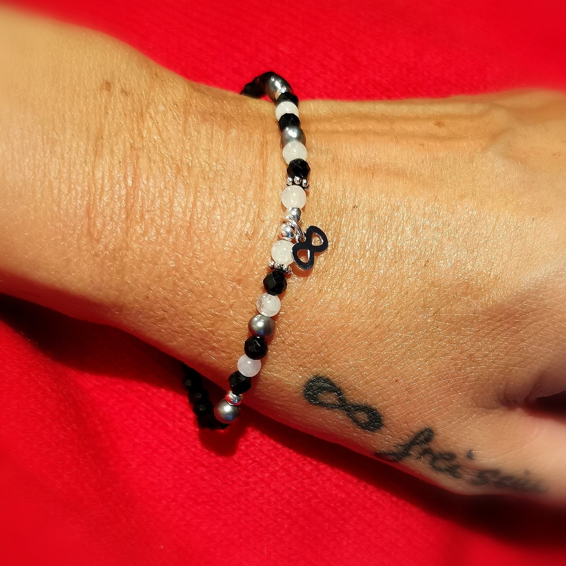 Turmalin Mondstein Perle Edelstein Karma Armband, geweiht, Infinity Unendlich, Kraft und Vertrauen, samaki originals