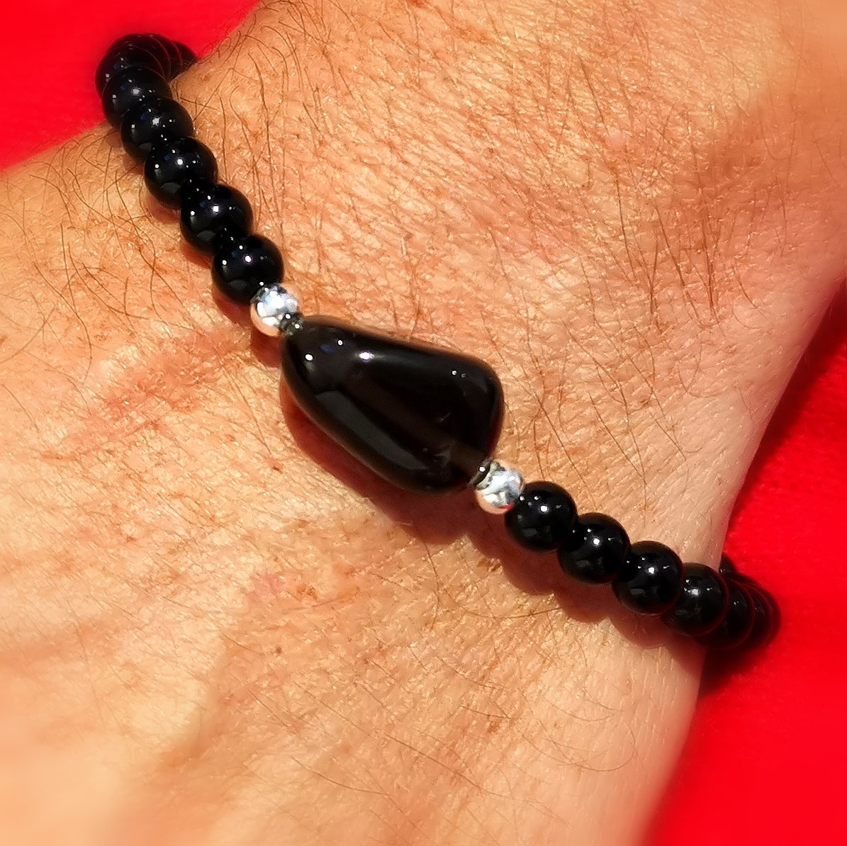 Turmalin Apachenträne Obsidian Karma Edelstein Heilstein Armband, 20,2 cm XL, Lebenskraft und Ausdauer