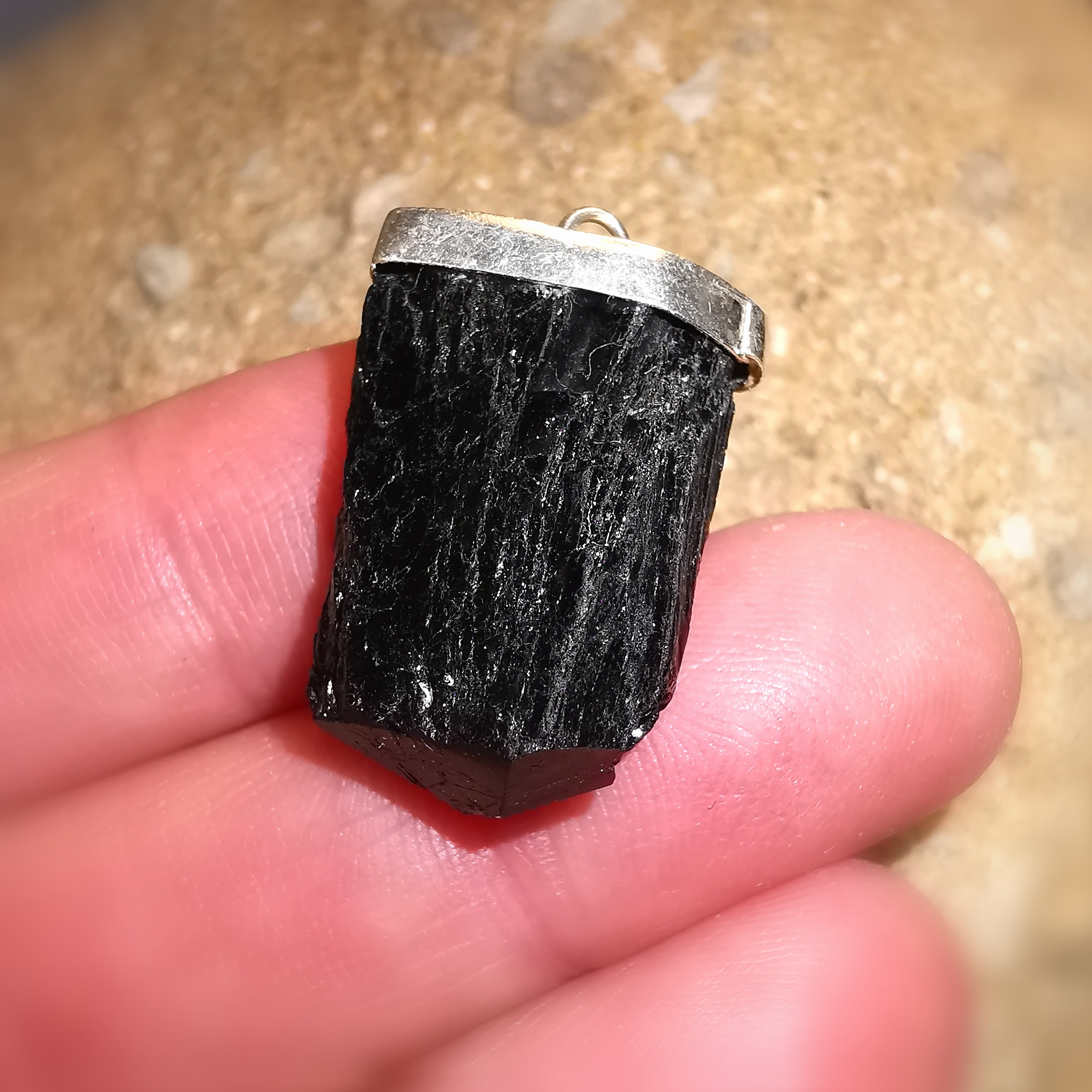 Turmalin Edelstein Sterlingsilber Stab Anhänger, schwarze Natur Heilstein Spitze, Schutz und Kraft
