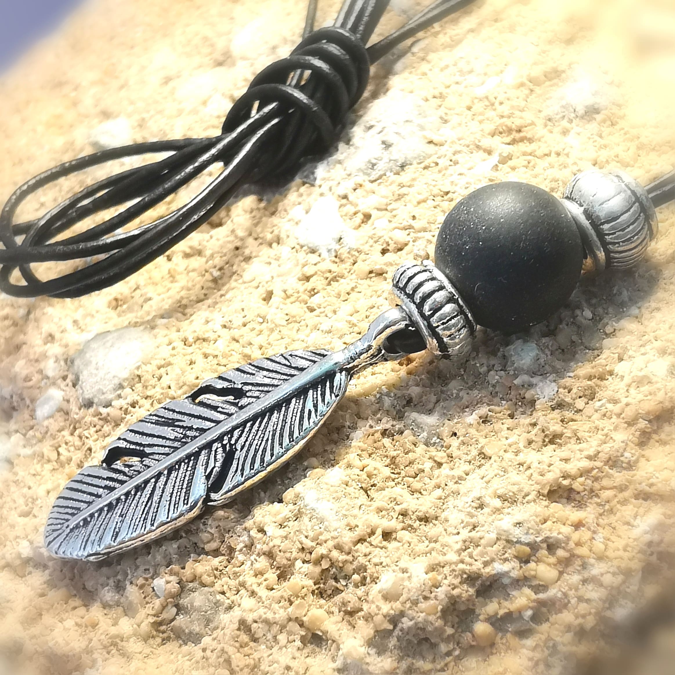 Feder Karma Onyx Edelstein Schmuck Kette, Heilstein, Leder, Edelmetall, Chakra Aura Kraft, Schutz Talisman