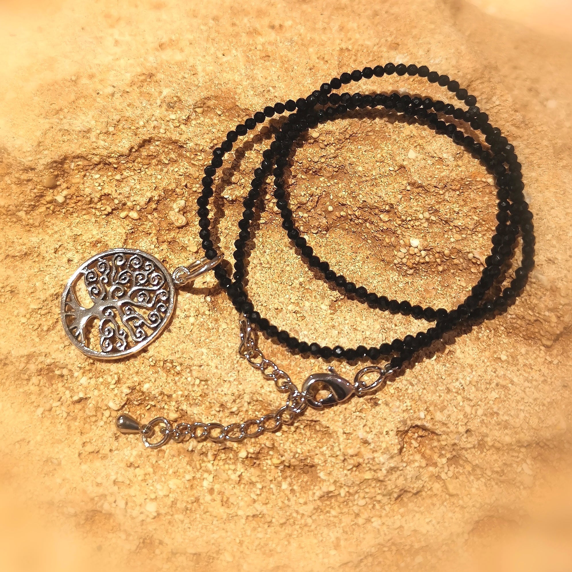 Lebensbaum Turmalin Edelstein Heilstein Karma Kette, schwarz 2 mm, filigran - Schutz und Befreiung