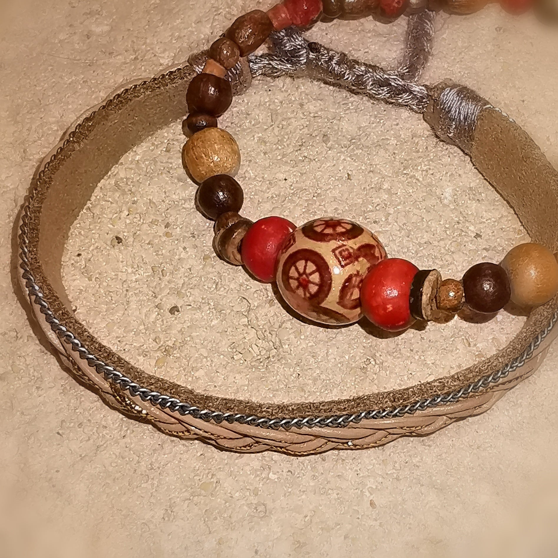 Karma Holz Kokos Armband Set mit Leder, Hippie Glücksarmband Schmuck, Lebensfreude
