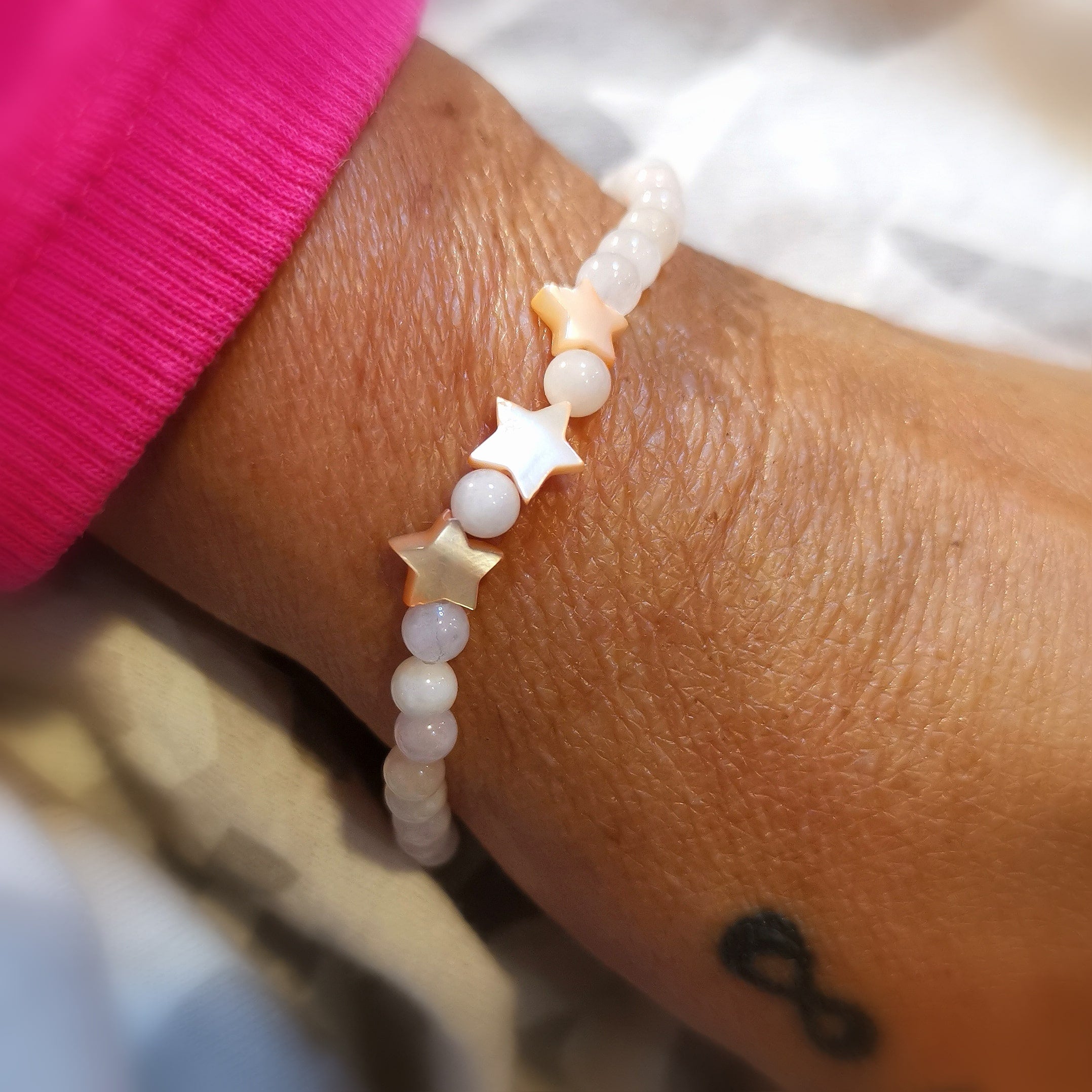 Morganit Edelstein Heilstein Karma Seesterne Armband, sanft rosa Beryll, aus Liebe zum Leben