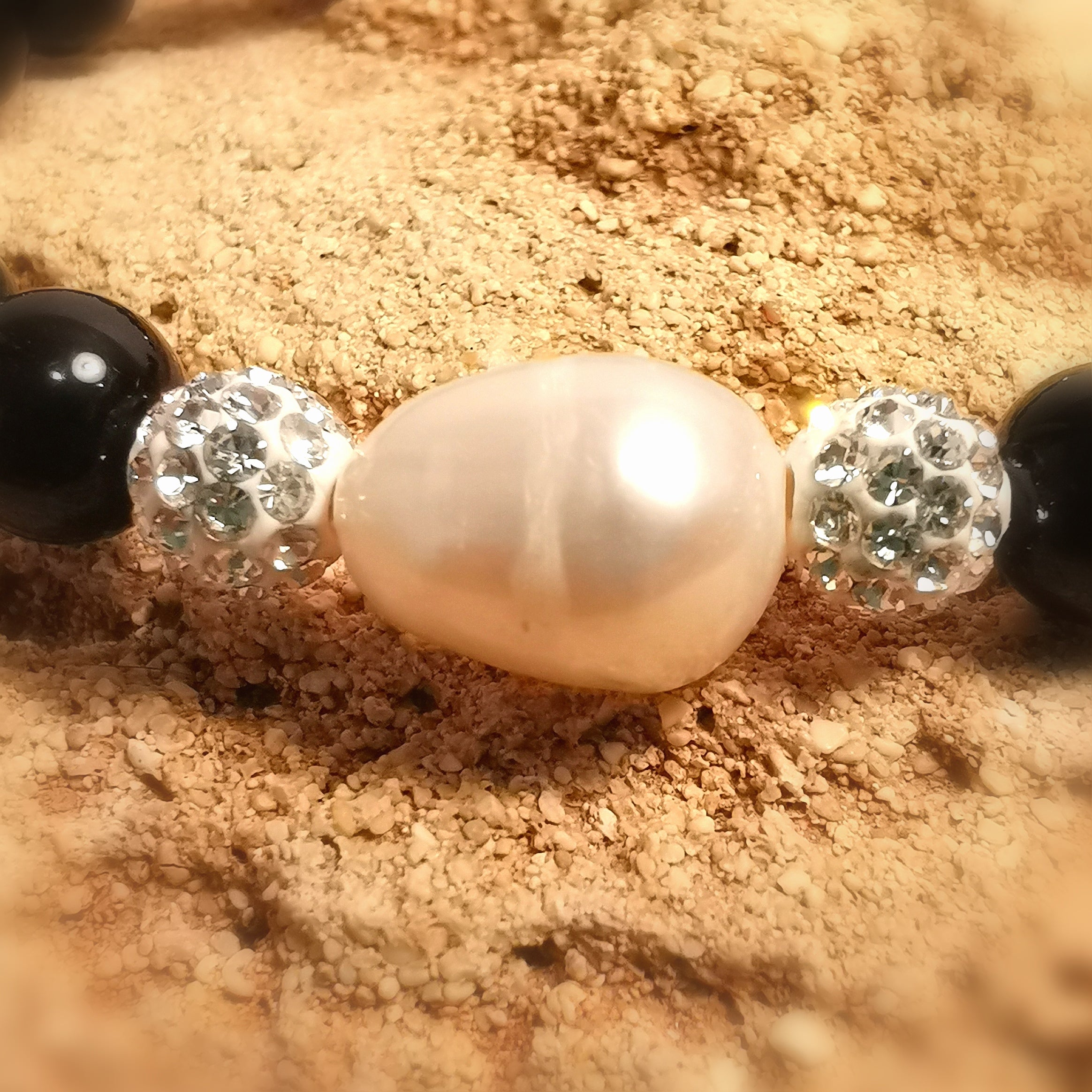 Onyx Extra Edelstein Heilstein Karma Armband AA Qualität schwarz, mit Perle und Strass, geweiht - Schutz und Stabilität