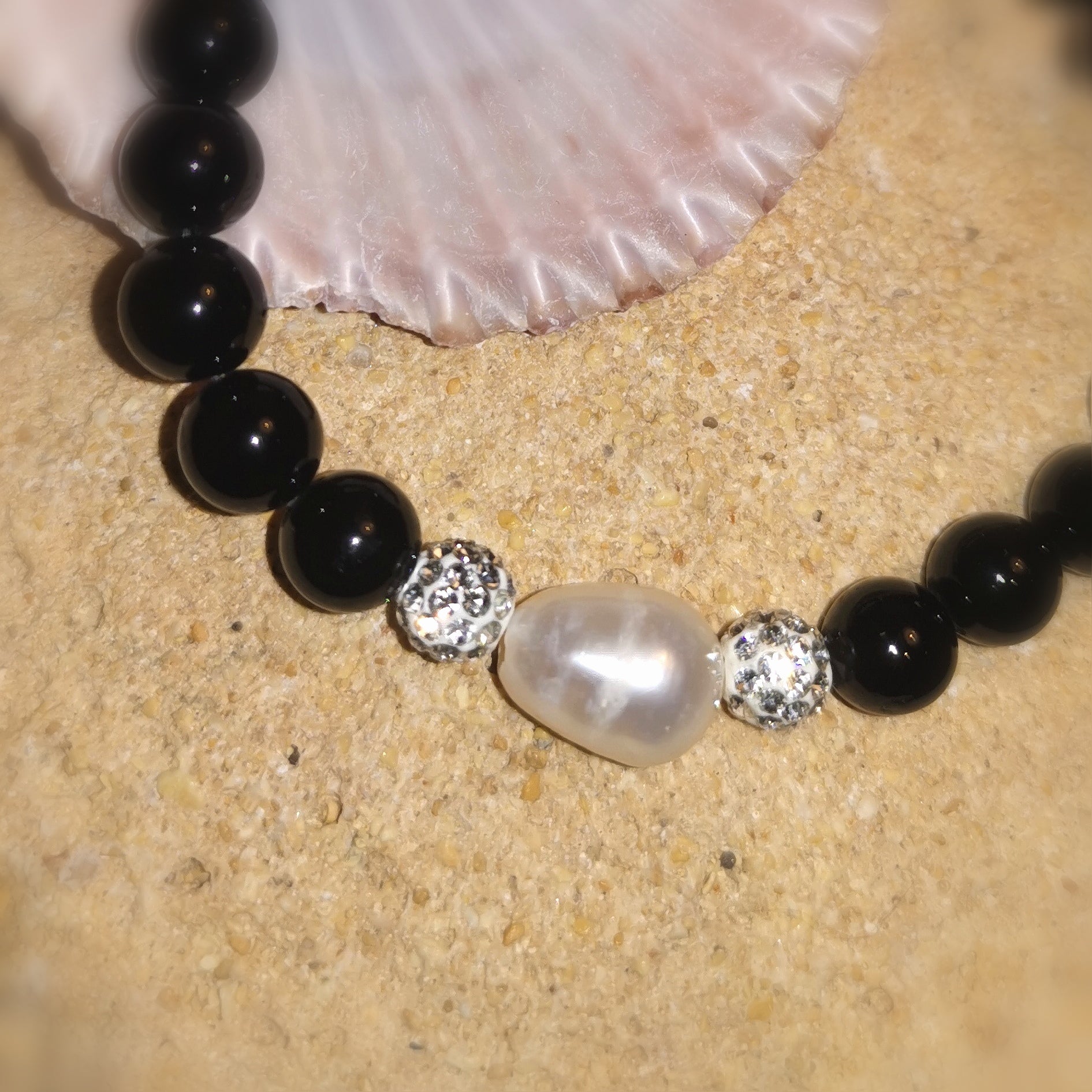 Onyx Extra Edelstein Heilstein Karma Armband AA Qualität schwarz, mit Perle und Strass, geweiht - Schutz und Stabilität