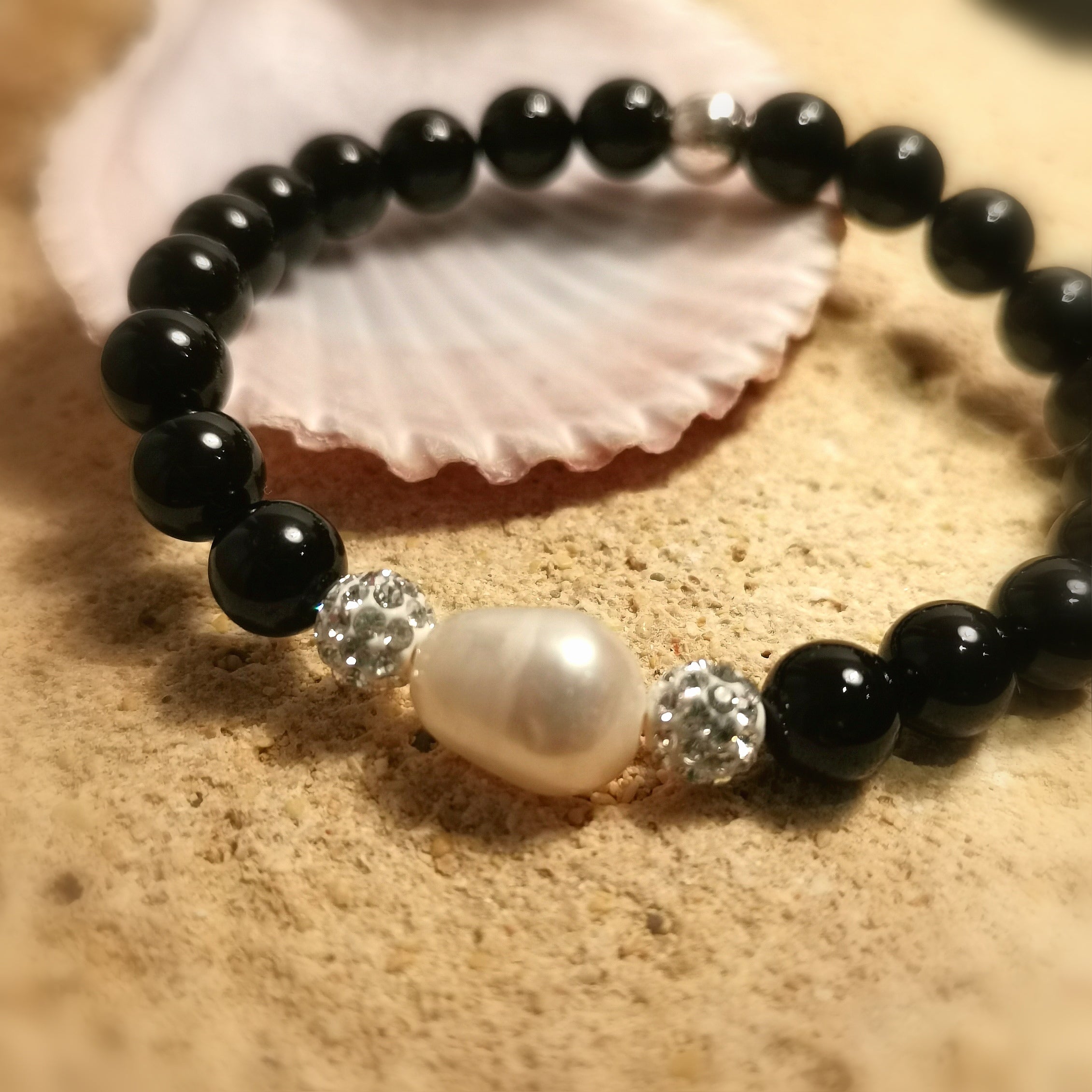 Onyx Extra Edelstein Heilstein Karma Armband AA Qualität schwarz, mit Perle und Strass, geweiht - Schutz und Stabilität