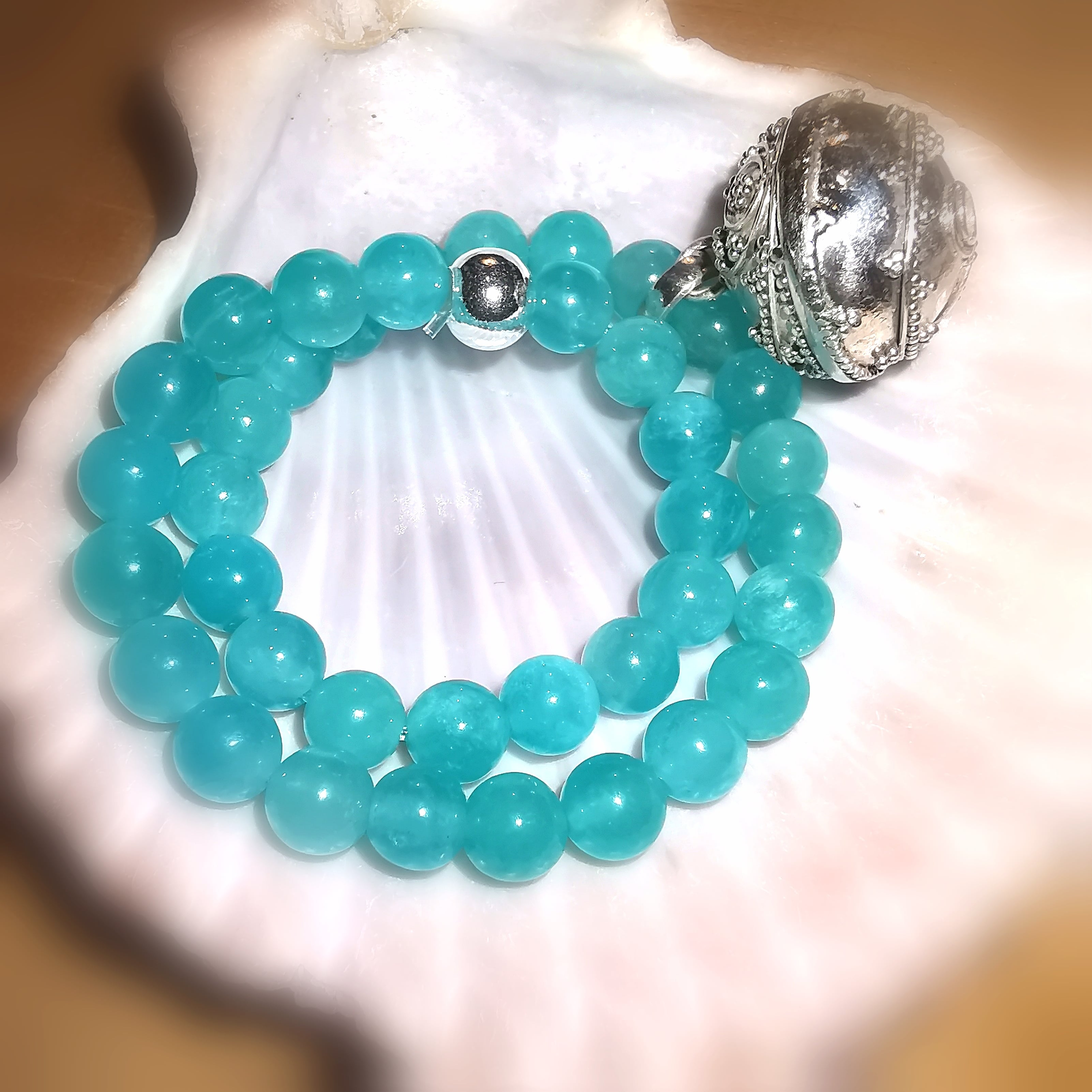 Engelsrufer Planeten Klangkugel mit Amazonit Edelstein Heilstein, Karma Armband geweiht, anti stress