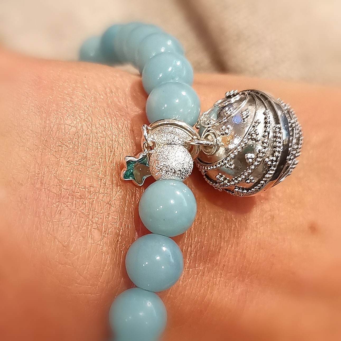Engelsrufer Planeten Klangkugel an Amazonit Edelstein, Heilstein Karma Seestern Krafttier Armband, Licht und Liebe