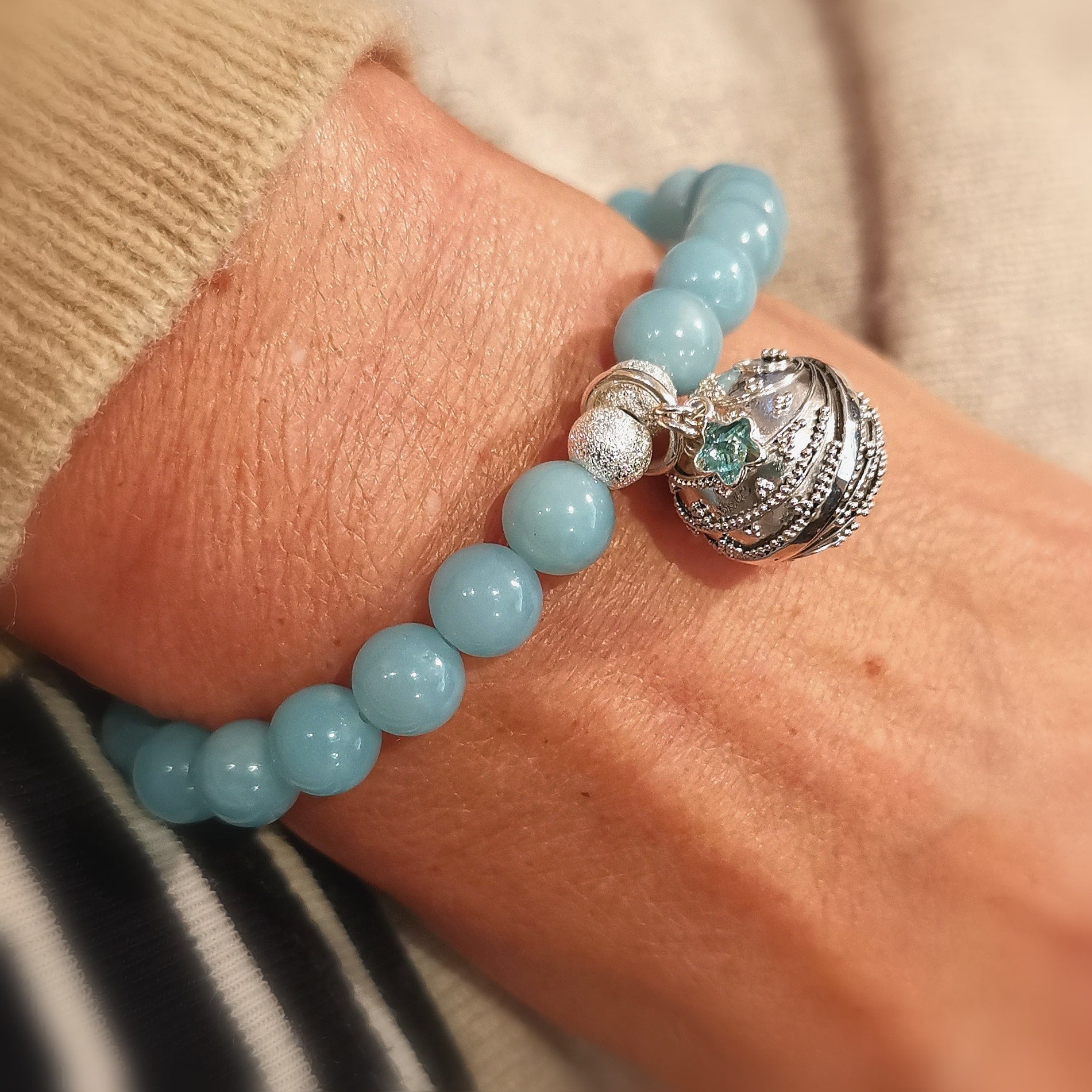 Engelsrufer Planeten Klangkugel an Amazonit Edelstein, Heilstein Karma Seestern Krafttier Armband, Licht und Liebe
