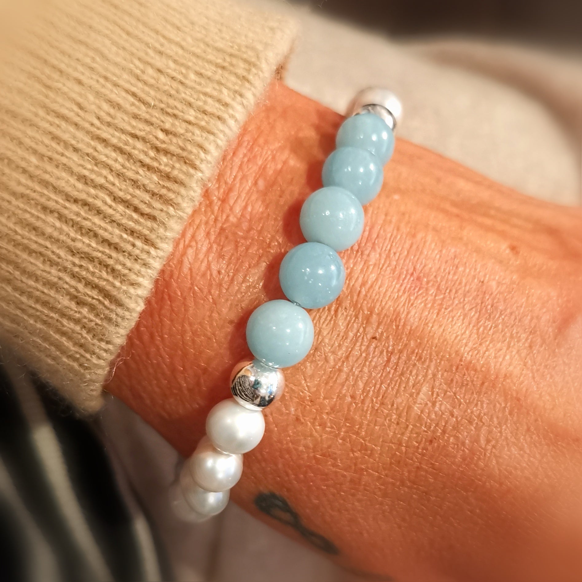 Amazonit Edelstein Heilstein mit Perle, silberfarben, Karma Armband geweiht, Licht und Liebe