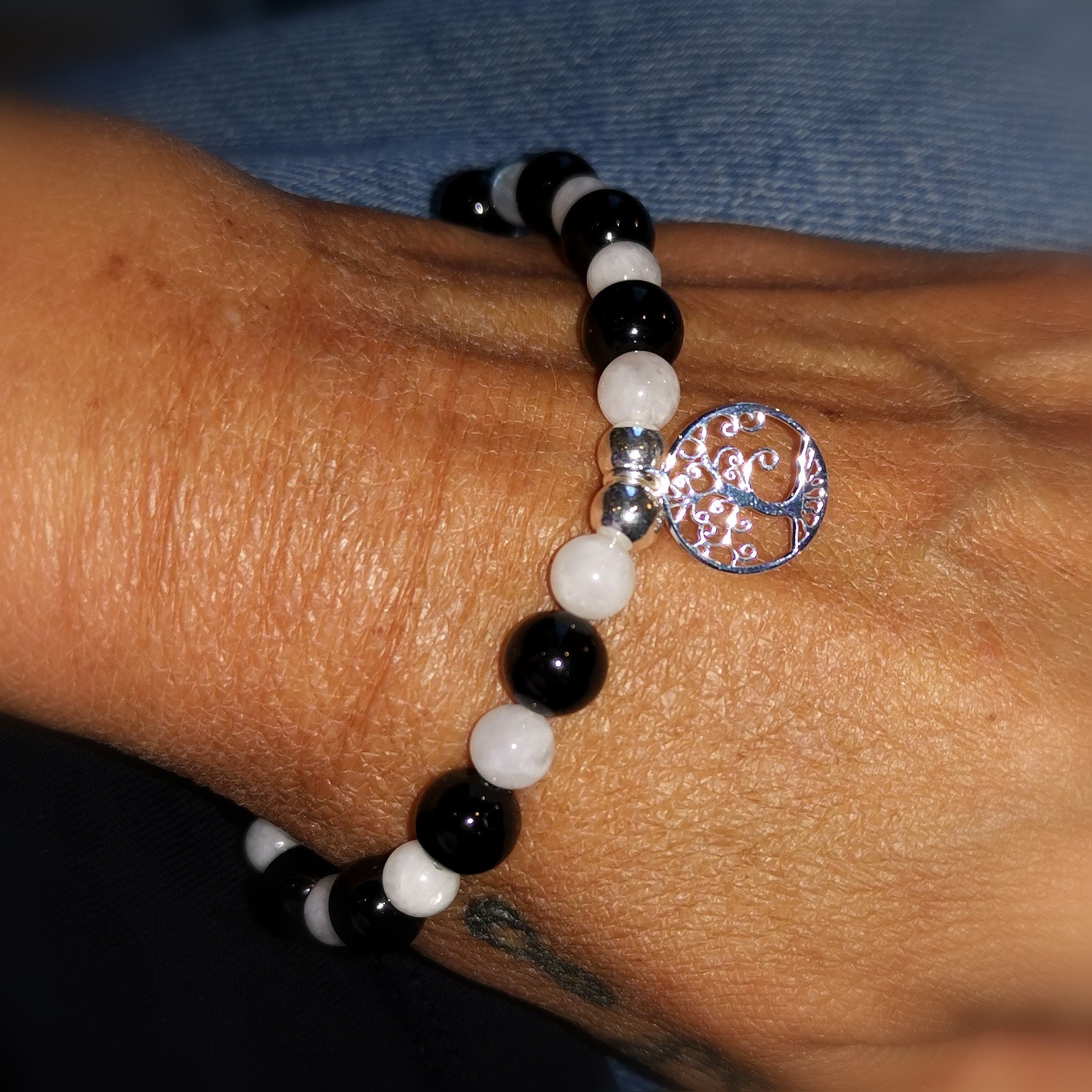 Turmalin Mondstein Karma Lebensbaum Edelstein Heilstein Armband, geweiht, Himmel und Erde