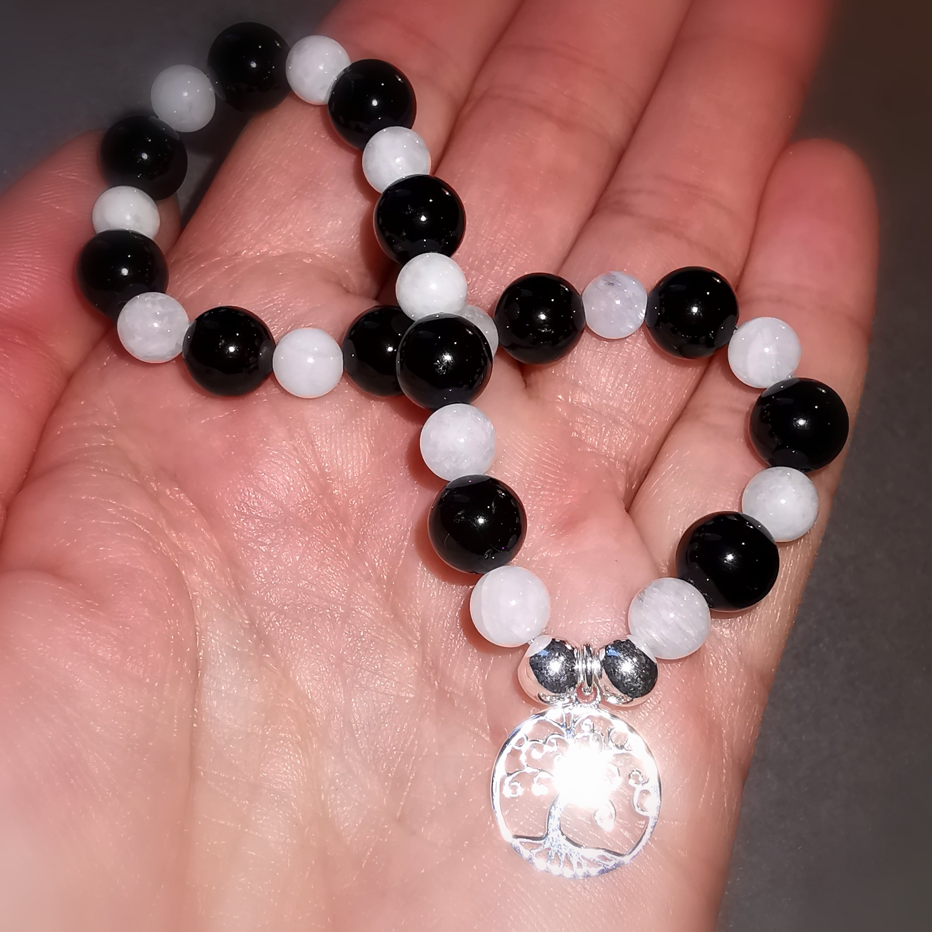 Turmalin Mondstein Karma Lebensbaum Edelstein Heilstein Armband, geweiht, Himmel und Erde