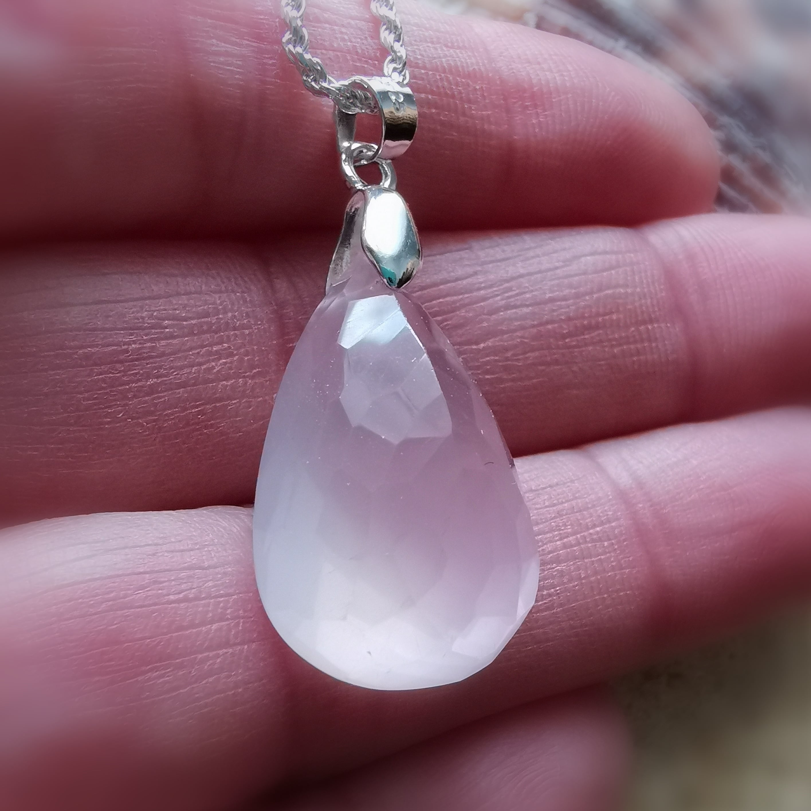 Rosenquarz Tropfen Edelstein Heilstein Karma Kette Sterlingsilber 40 cm, geweiht - Schönheit des Lebens