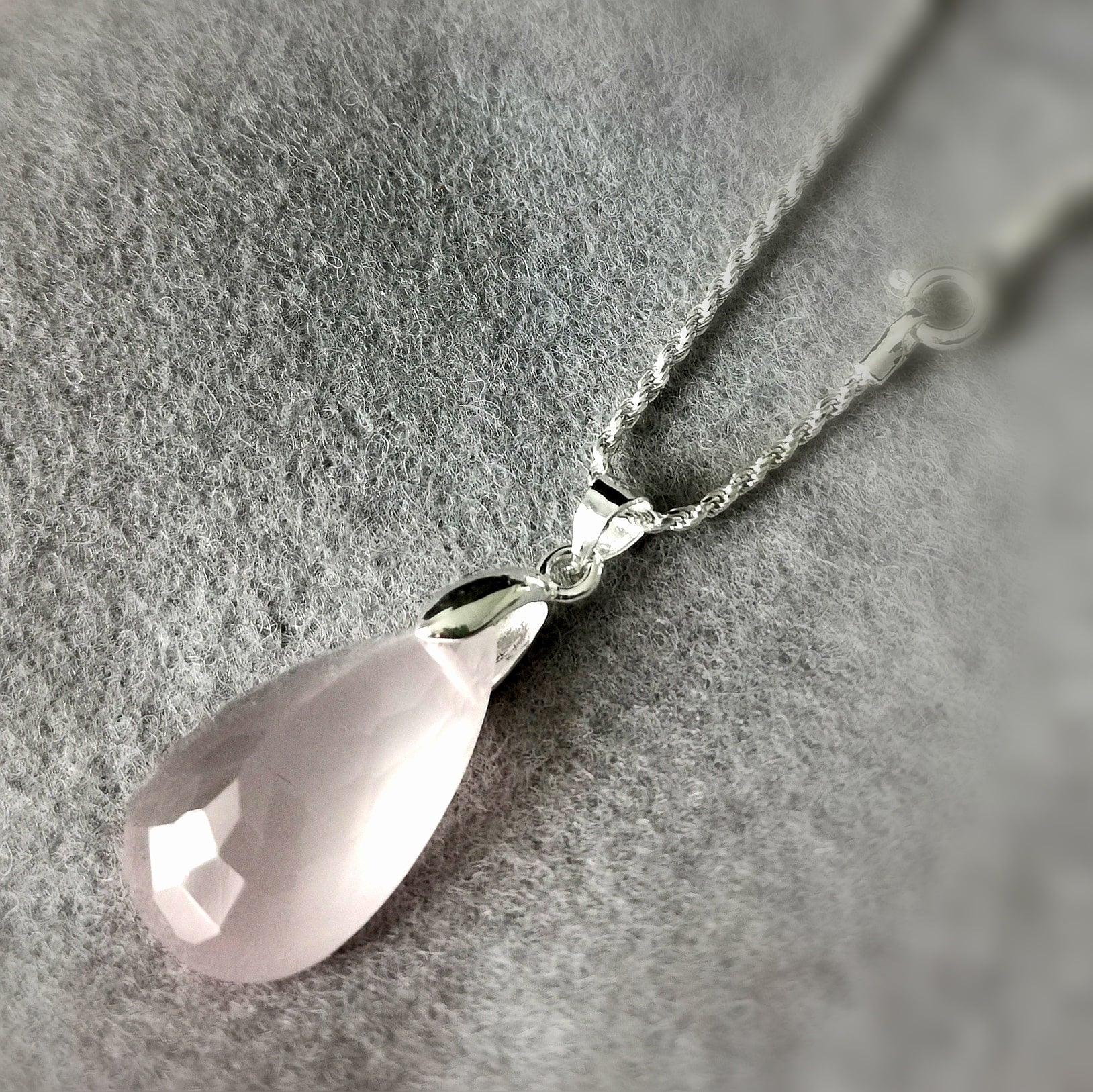 Rosenquarz Tropfen Edelstein Heilstein Karma Kette Sterlingsilber 40 cm, geweiht - Schönheit des Lebens