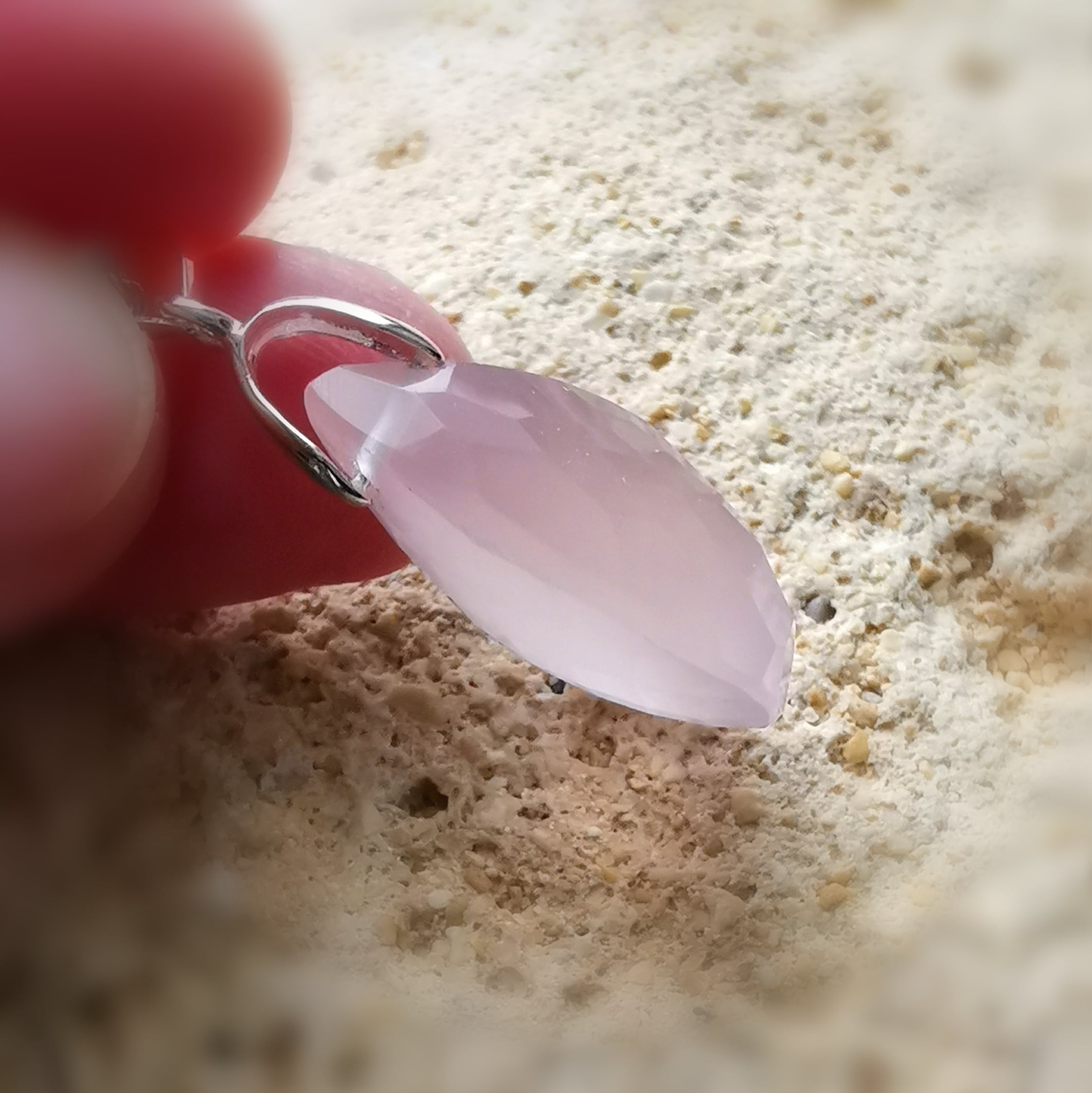 Rosenquarz Tropfen Edelstein Heilstein Karma Kette Sterlingsilber 40 cm, geweiht - Schönheit des Lebens