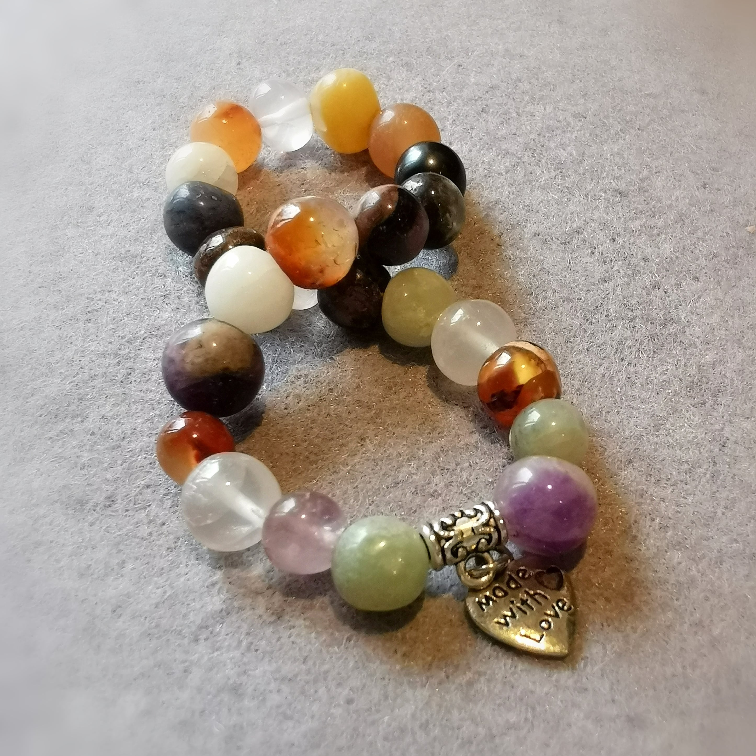Heilstein Mix Karma Armband made with love, Größe M: bunt, Hippie Heilstein Armbändchen lebe liebe lache