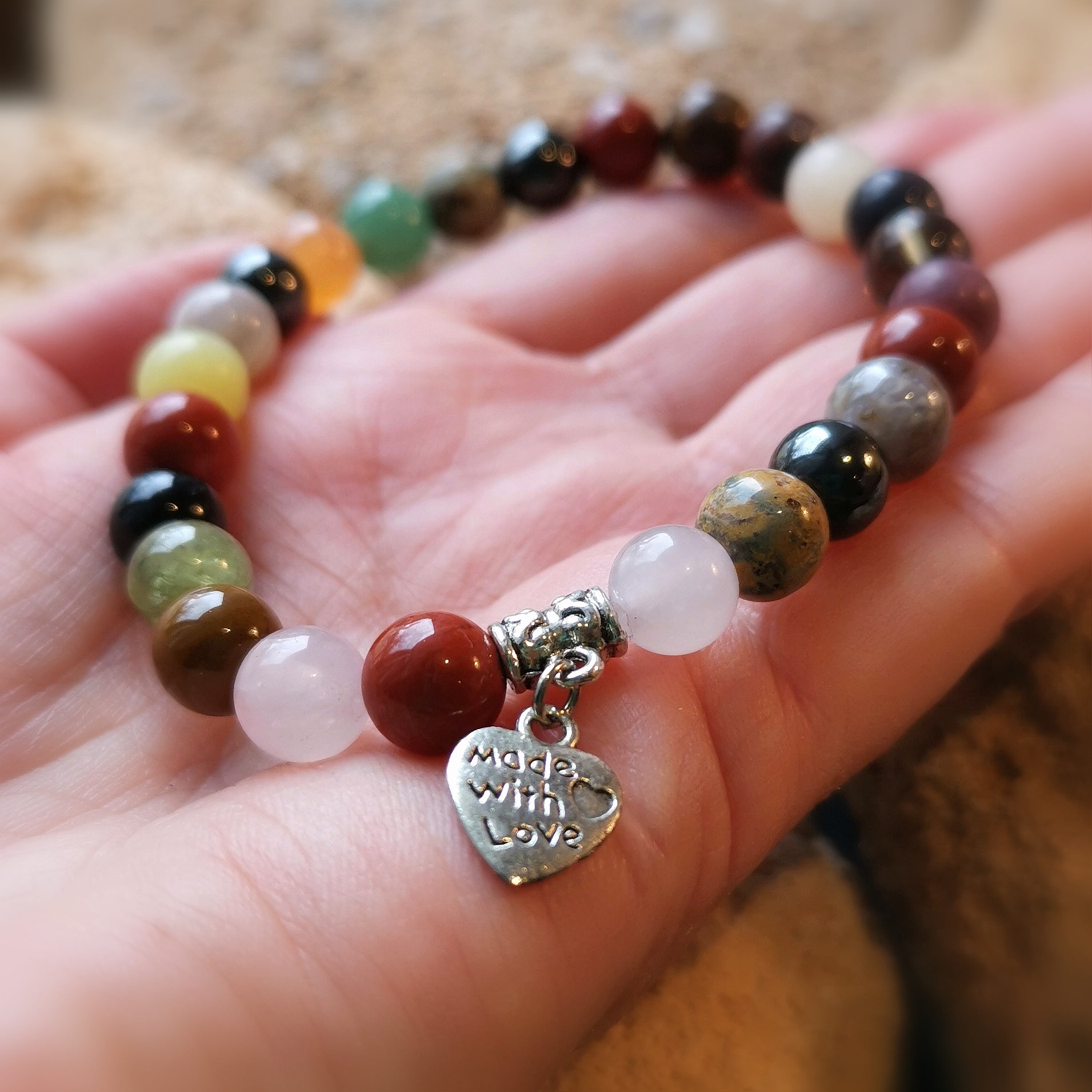 Heilstein Mix Karma Armband made with love, Größe L: bunt, Hippie Heilstein Armbändchen lebe liebe lache