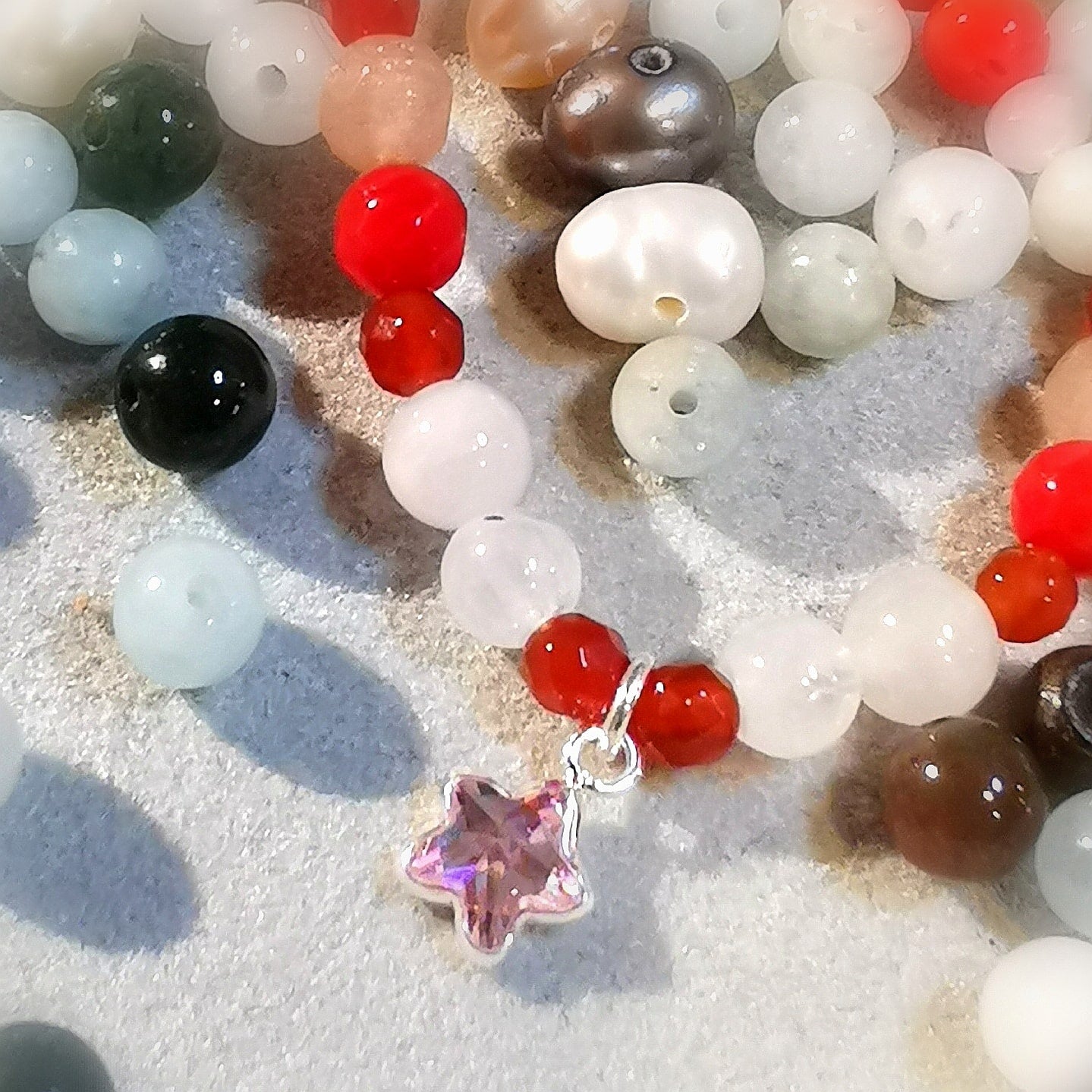 Edelstein Perle Kristall Karma Seestern Armband, Heilstein Chakra Mix, love peace happiness, aus Liebe zum Leben