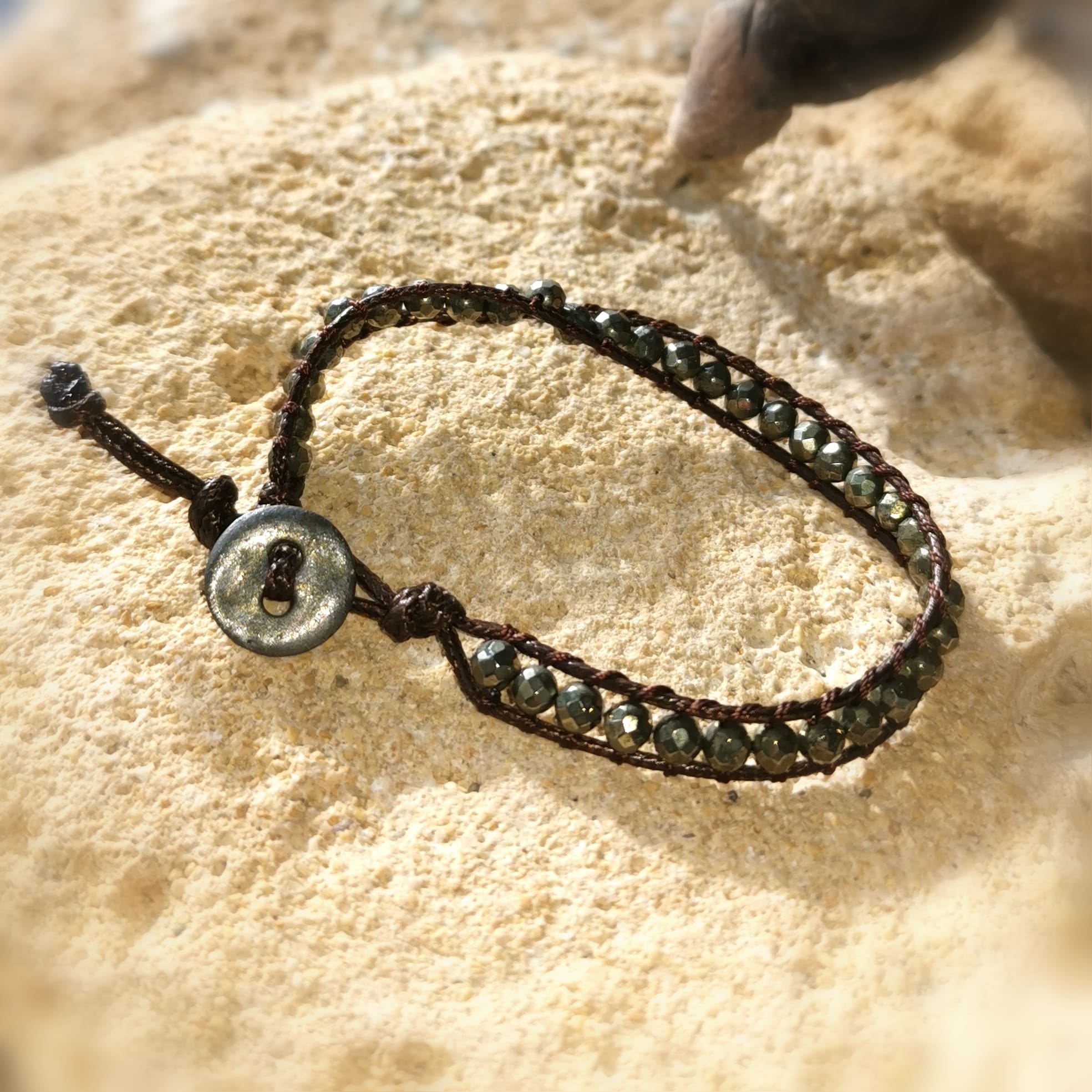 Armband 3er Set, Pyrit Heilstein, Leder und Edelstahl Glücksarmband, Hippie Schmuck - neuer Energiefluss