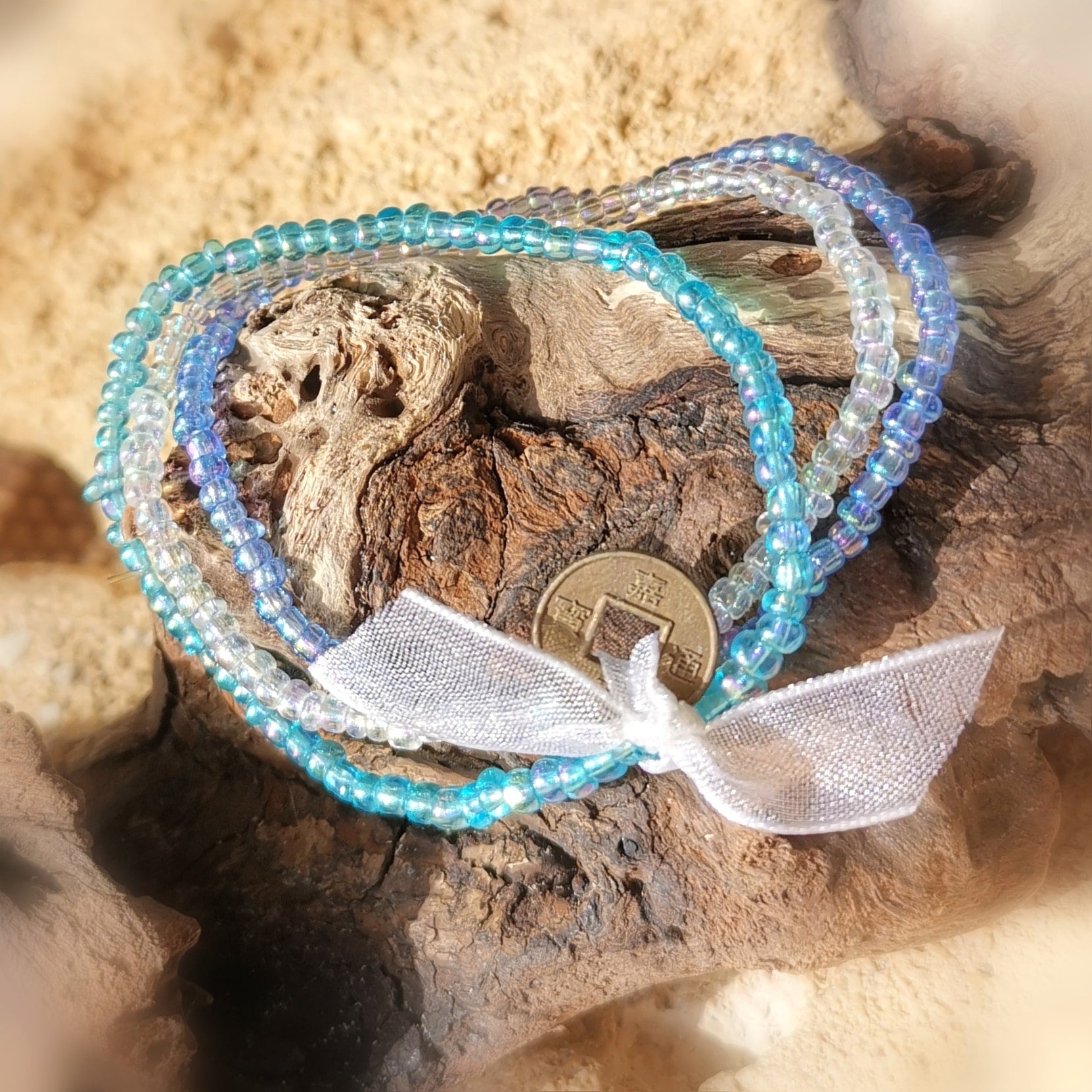 Talisman Glücksmünze Karma Armband Set blau türkis weiss #zauberschön, Bijou Schmuck